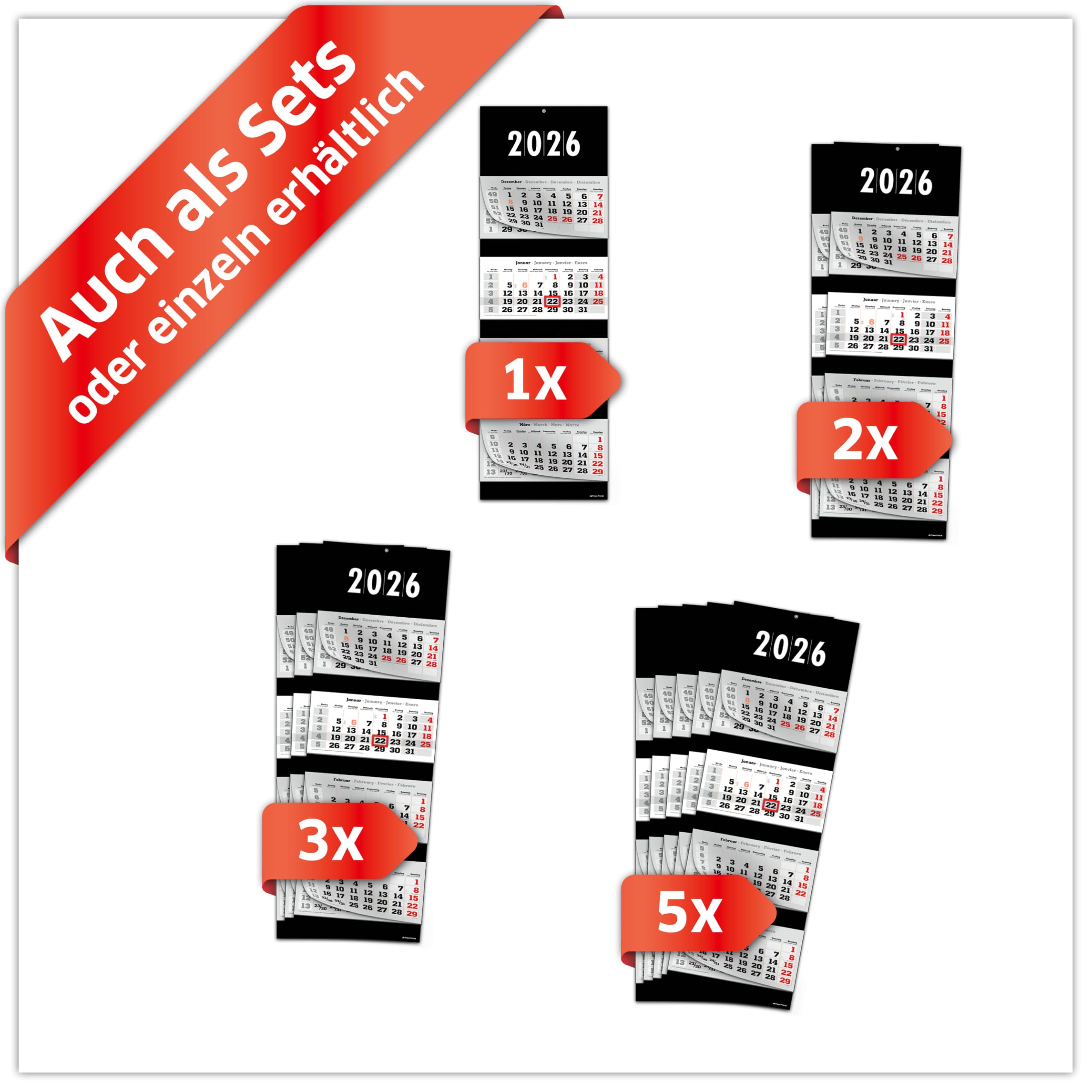 PRIMUS PRINT Calendario XXL 2026 – Calendario de pared – Calendario de pared de 4 meses – con fecha deslizante, calendario para colgar, incluye días festivos y vacaciones, varios diseños – [1 x negro]