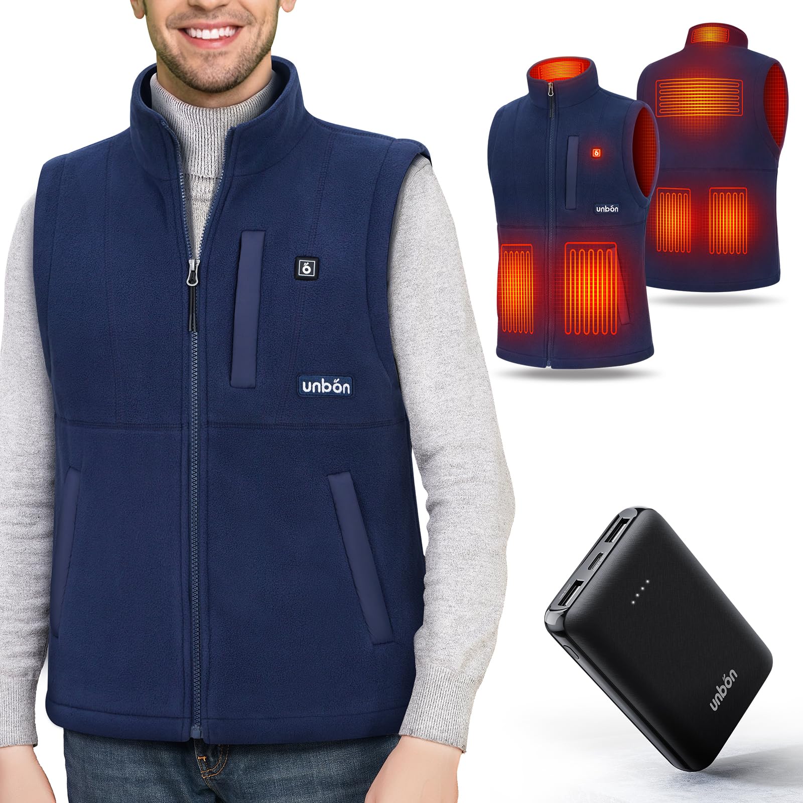 UNBON Chaleco Calefactable Hombre con Batería USB 10000mAh, Chaleco Térmico Eléctrico Polar, Chalecos Calefactor Hombre con 3 Temperaturas 6 Zonas Calefactables para Moto Caza Trabajo, Azul, S