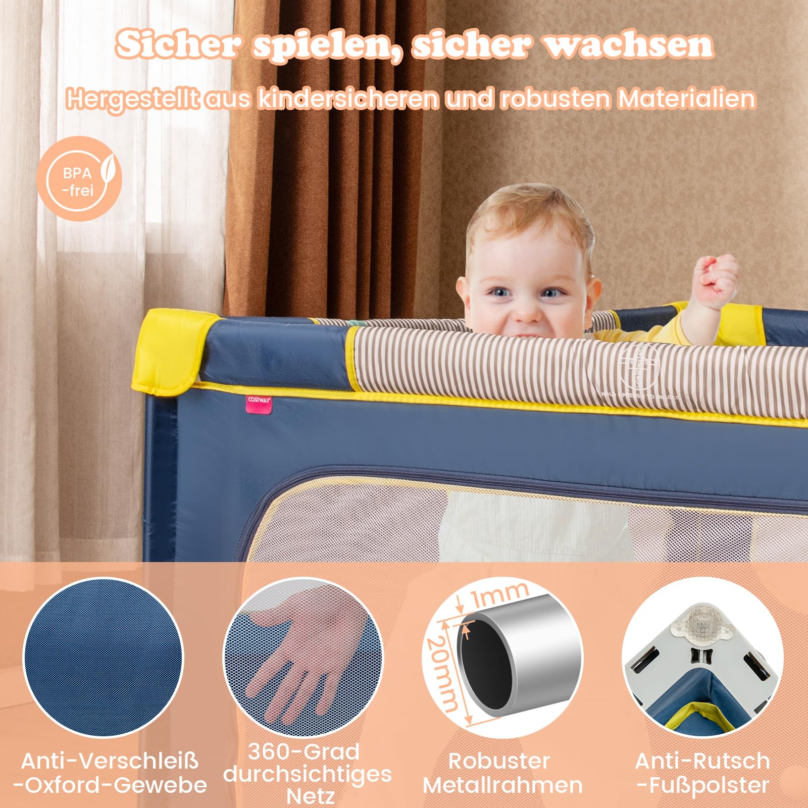 GOPLUS 150 x 150cm Laufstall Babys, Laufgitter tragbar mit 50 bunten Bällen, 4 Griffen & Tragetasche, umzäunter Spielbereich mit Reißverschlusstoren für Kinder drinnen und draußen (Blau)