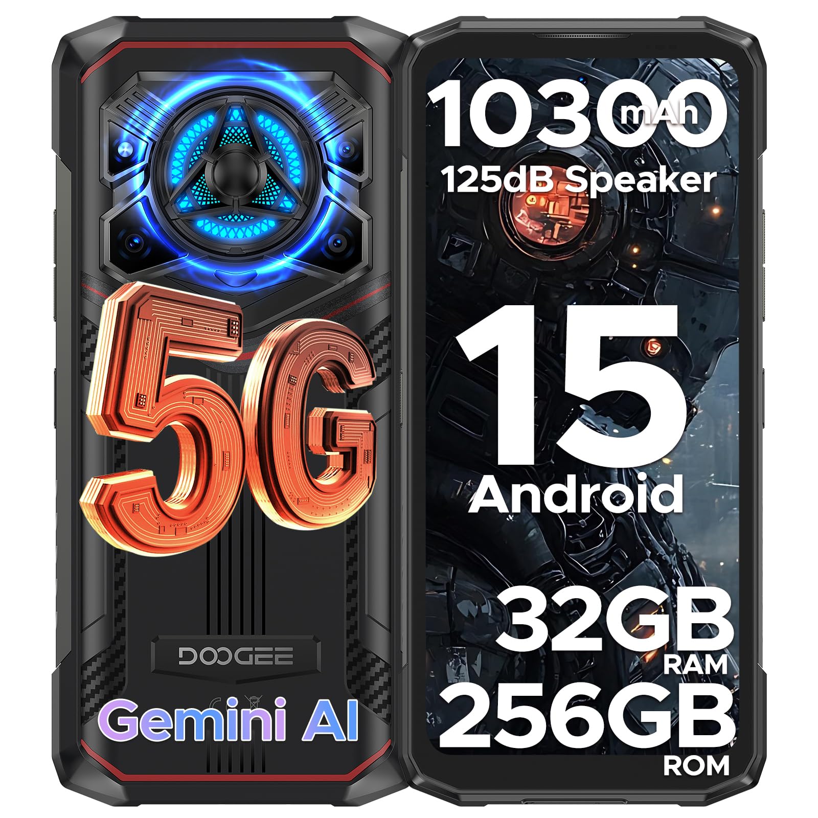 DOOGEE Blade 20 Play Rugged Smartphone 5G, Gemini AI Telefono Rugged, 32GB + 256GB/TF 2TB, 10300mAh/33W 6,56" Telefono Indistruttibile, Android 15, MTK 7050/NFC/Effetto Luce LED, 125dB Altoparlante