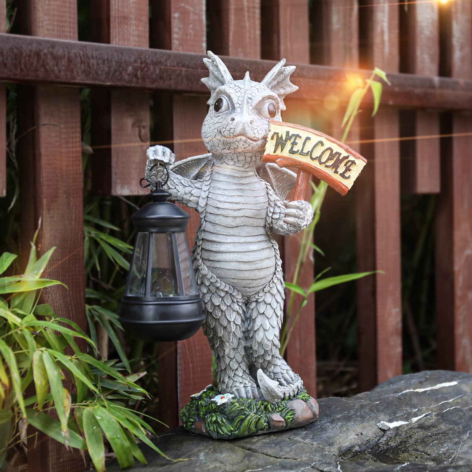 Ovewios Garden Dragon Statue Outdoor Decor, Large Dragon Garden Sculptures & Statues Holding Welcome Sign and Solar Lantern, Garden Decor for Outside Lawn Patio Yard Ornament Gift