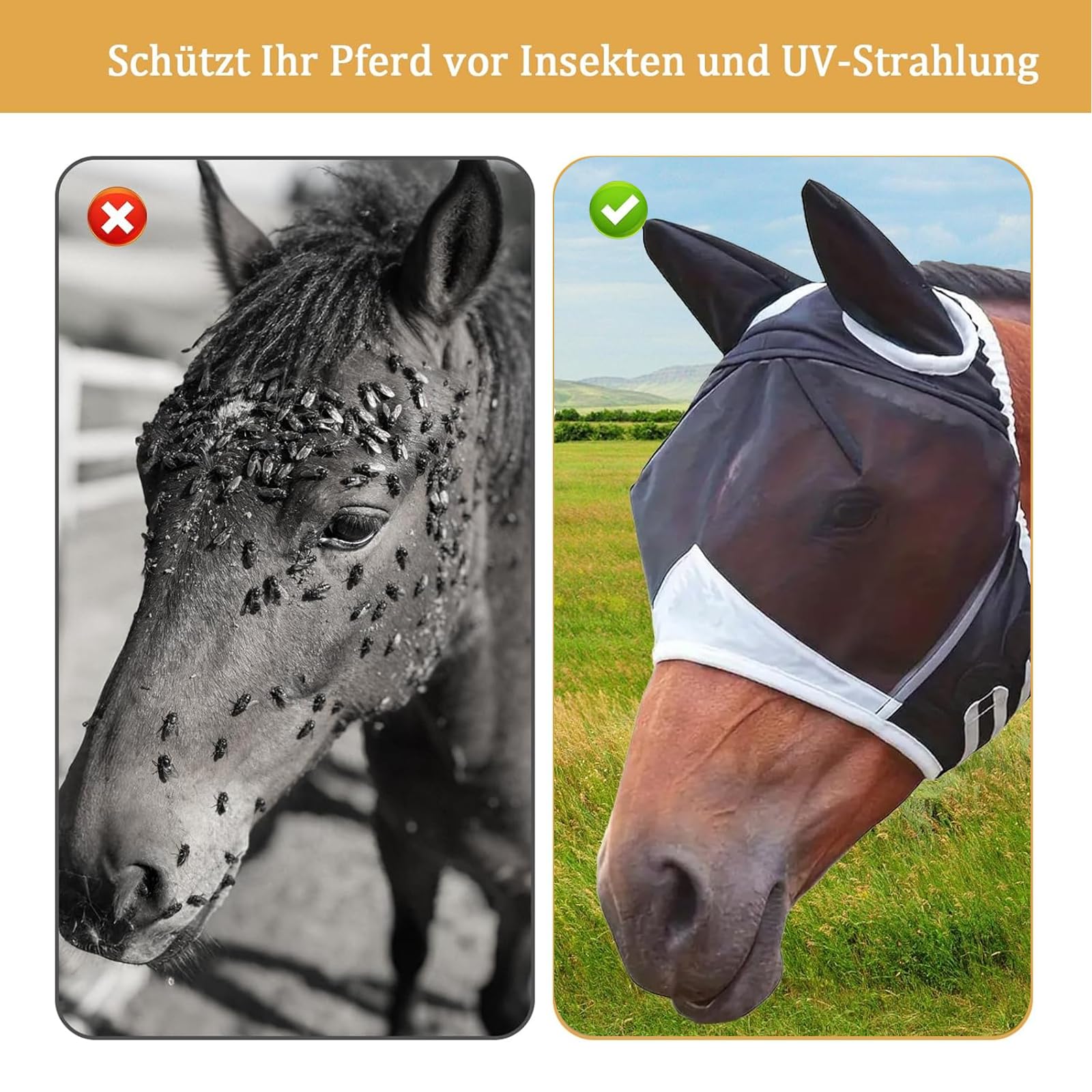 Maschera da mosche per cavallo, protezione UV, traspirante, per cavallo, sangue caldo, protezione contro mosche e raggi UV, per allenamento e uso quotidiano, maschera per mosche a lunga durata, taglia