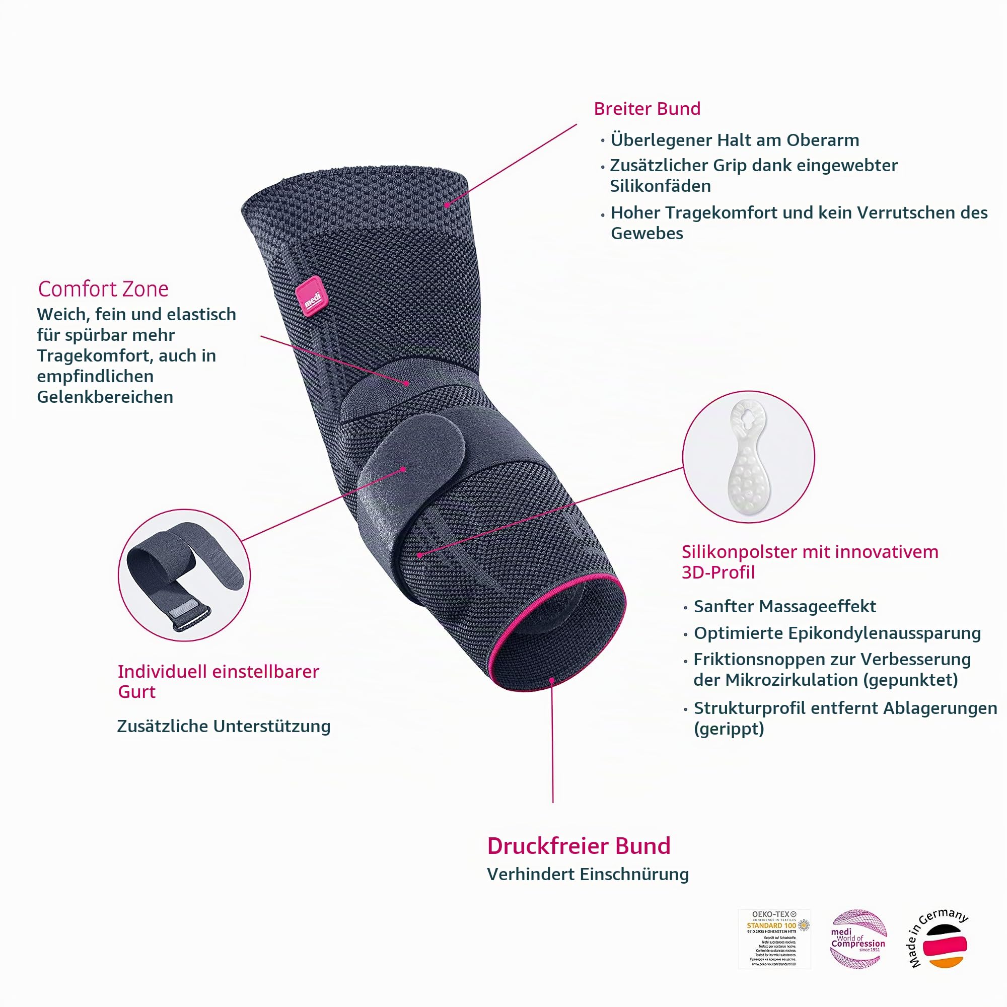 medi Epicomed - Ellenbogenbandage - silber - Größe I - Kompressionsbandage zur Stabilisierung des Gelenks bei Tennisarm oder Golferarm - Beidseitig tragbar