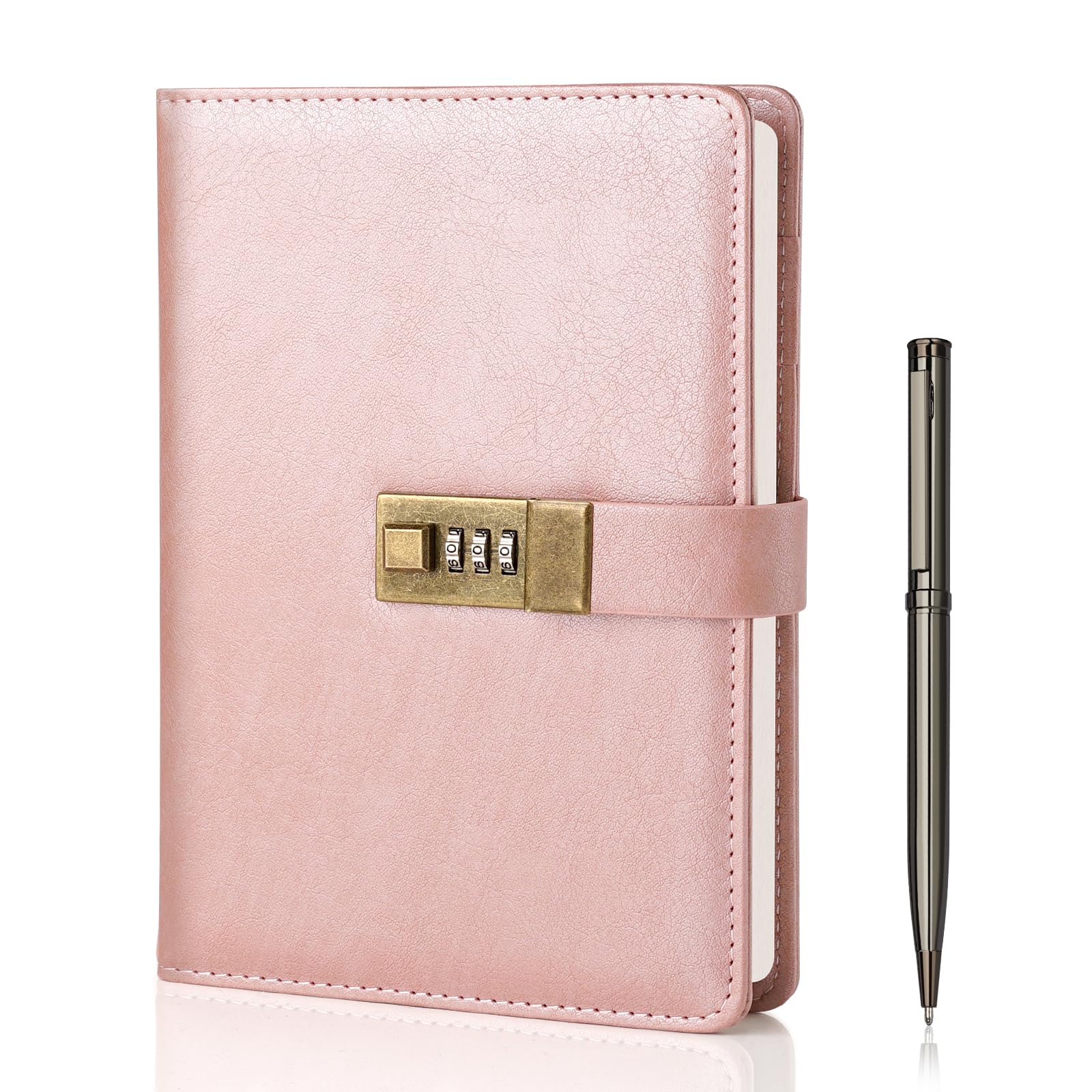 Photo 1 of WEMATE Diary with Lock, A5 PU Leather Journal with Lock 240 Pages, Vintage Lock Journal Password Protected Notebook with Pen & Gift Box, Lock Diary Planner Organizer for Men and Women, 8.6x5.8in Rose Gold