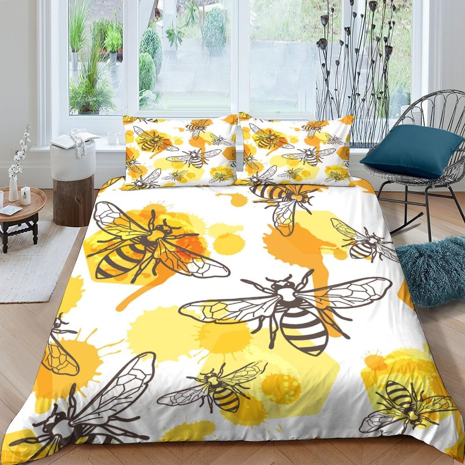 Ctjqhvkz Style-7 3D Printed Bee Yellow Flower Fitted Sheet Microfiber Soft Mattress Cover For Bedroom Modern Decor Adults Teens Single（135X200cm）