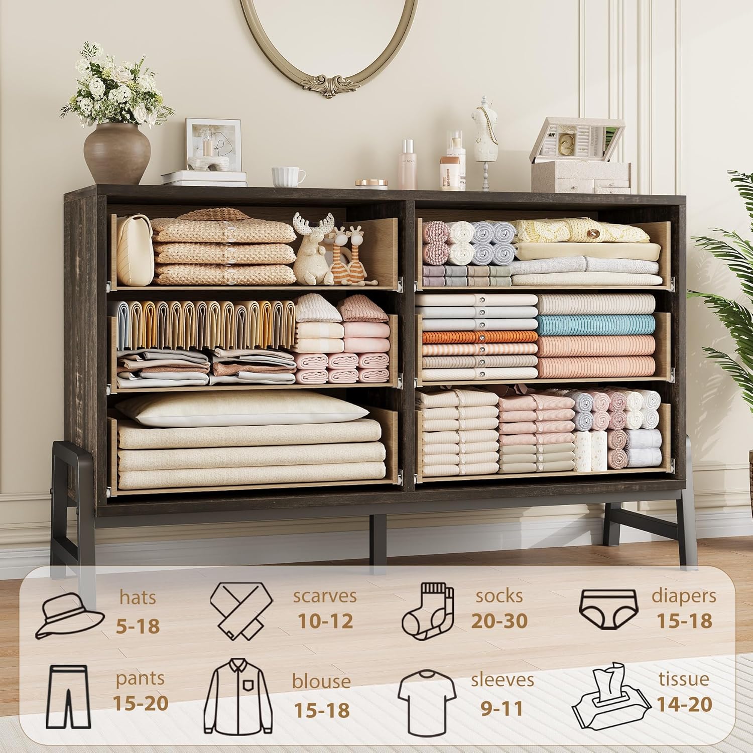 Diagram illustrating storage capacity for various clothing items within the dresser drawers.