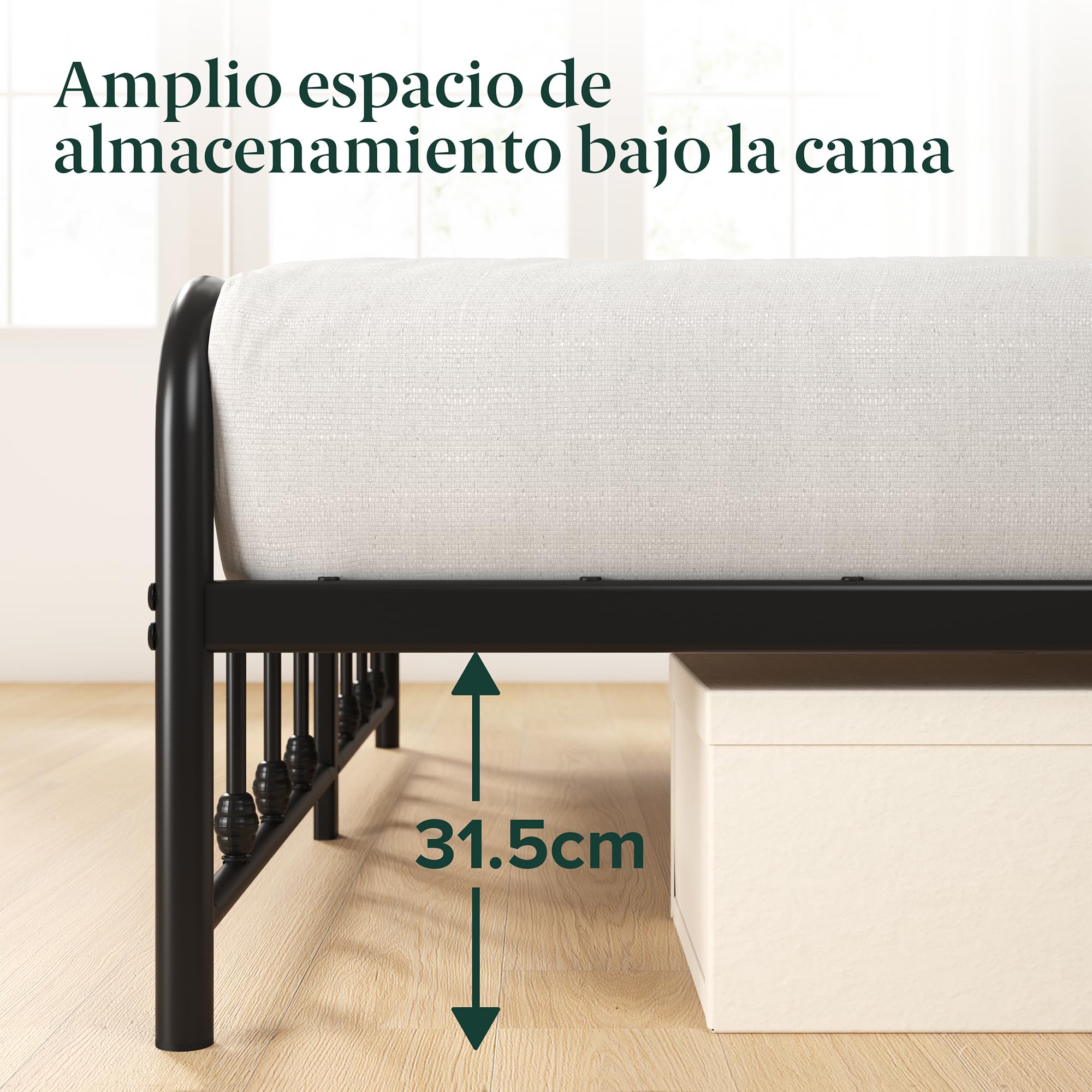 Zinus Florence Somier 135x190 cm - Altura 35 cm - Base Cama Matrimonio con Estructura de Acero y Cabecero y Piecero - Láminas de Metal - Montaje Fácil- Espacio de Almacenamiento - Negro