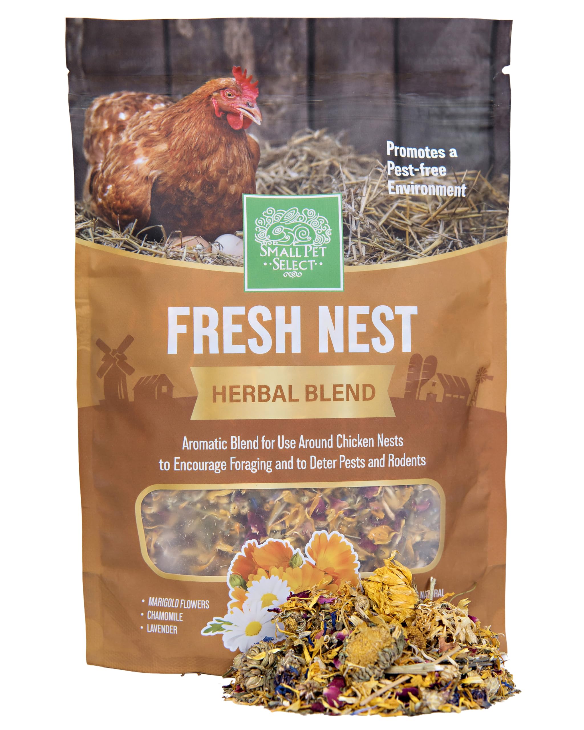 Small Pet Select Fresh Nest Herbal Blend, Natural Aromatic Blend with Marigold, Lavender, Chamomile for Chicken Coops, Nesting Boxes 100g Resealable Pouch