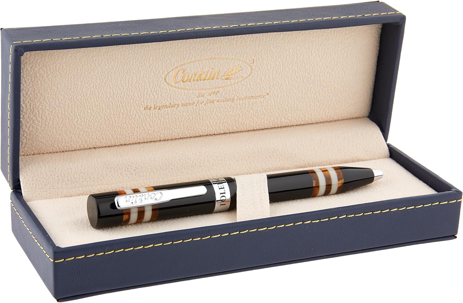 Conklin Toledo Ballpoint Pen in Black with Orange and White Ring Segments - Glossy Resin Body with Chrome Trim - Luxury Gift Pen
