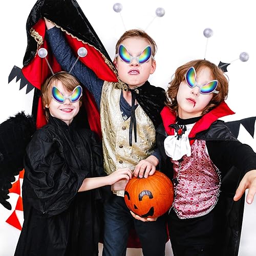 Miniatura 7 de 2 pares de anteojos de alienígena plateados con lente de color arcoíris y 2 piezas de diadema de antena marciana para adultos y niños, recuerdos de