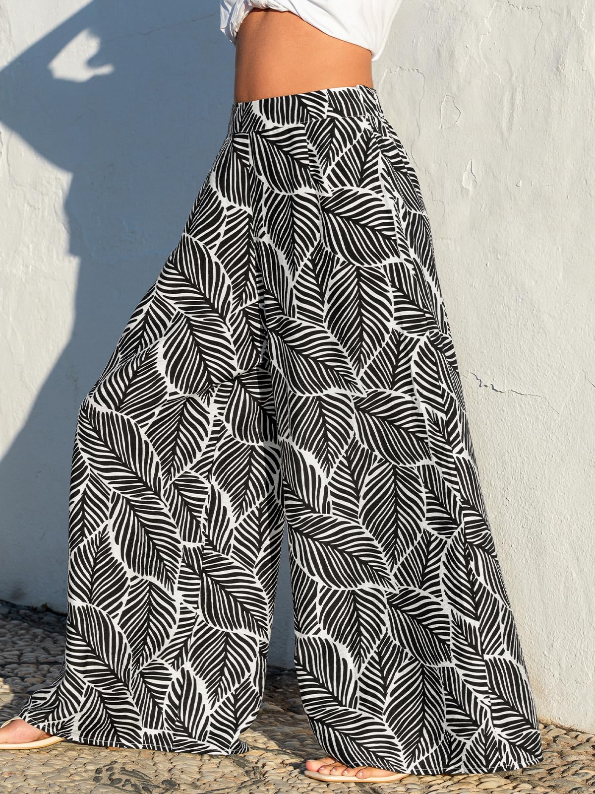 CUPSHE Pantaloni estivi da donna a gamba larga, pantaloni in tessuto Boho Palazzo, stampa tropicale a vita alta, pantaloni da spiaggia leggeri