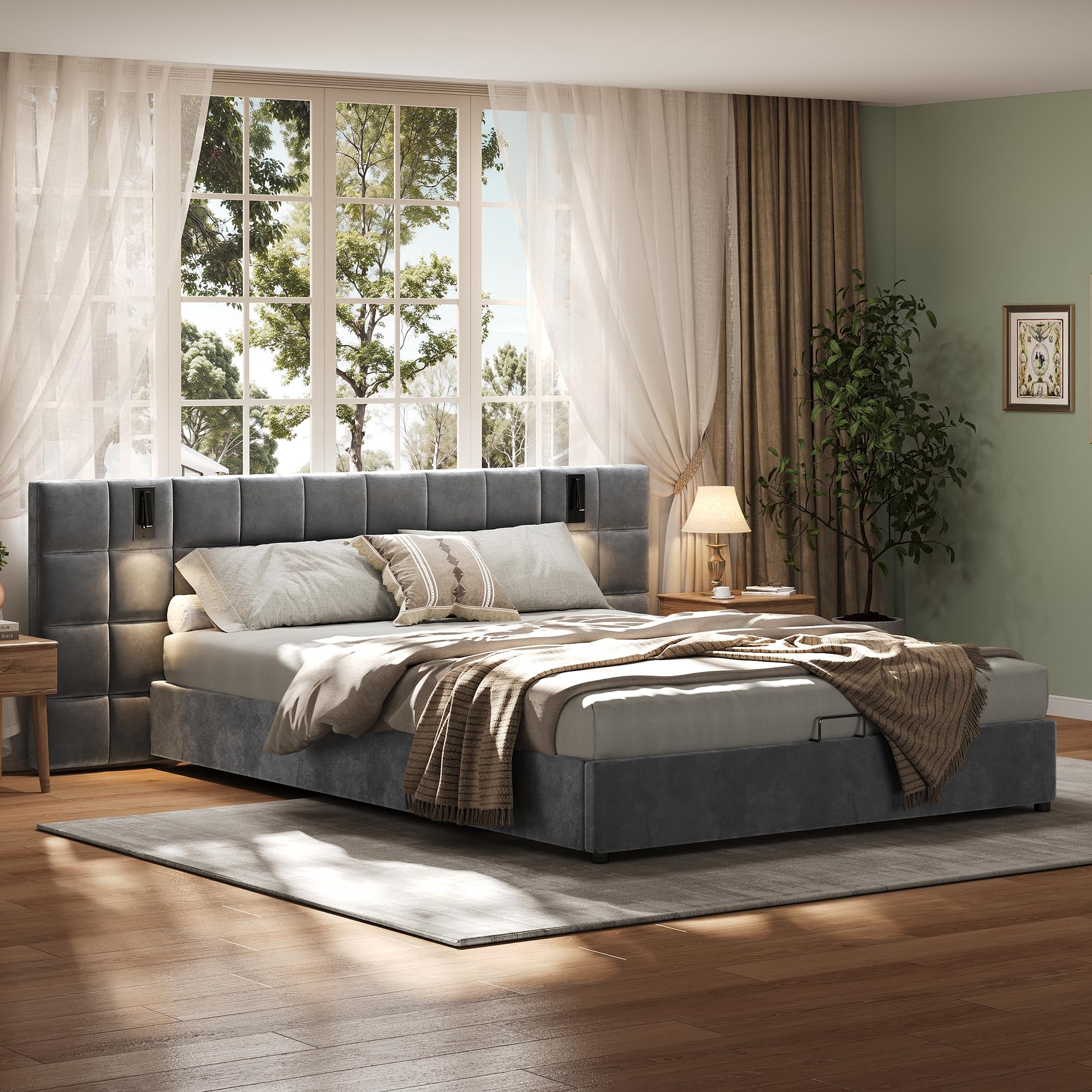 YNYHTER Tweepersoonsbed, gestoffeerd, hydraulisch bed met