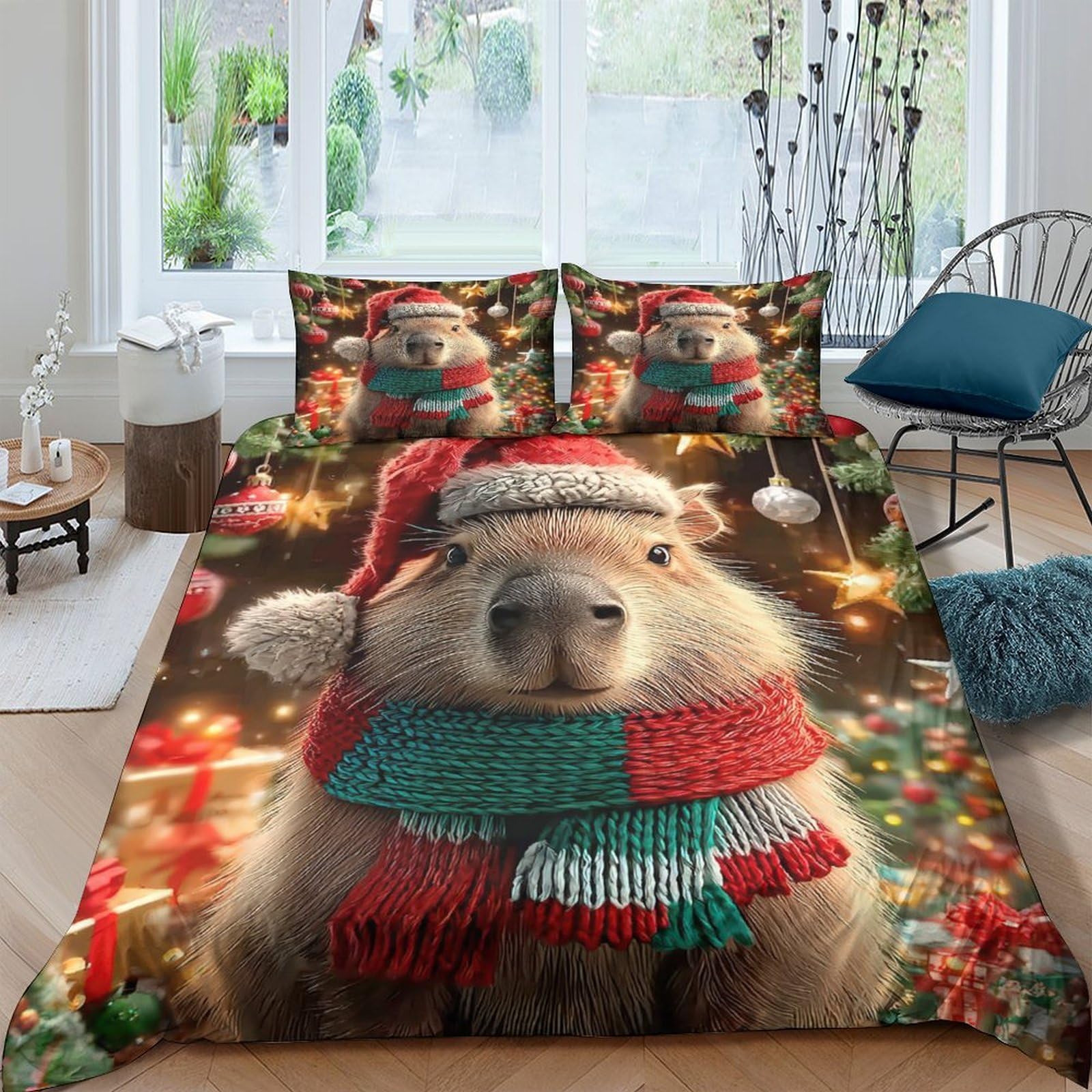 Ctjqhvkz Style-6 3D Printed Christmas Capybara Fitted Sheet Microfiber Festive Lights Bed Cover For Bedroom Dorm Decorative Protection Single（135X200cm）