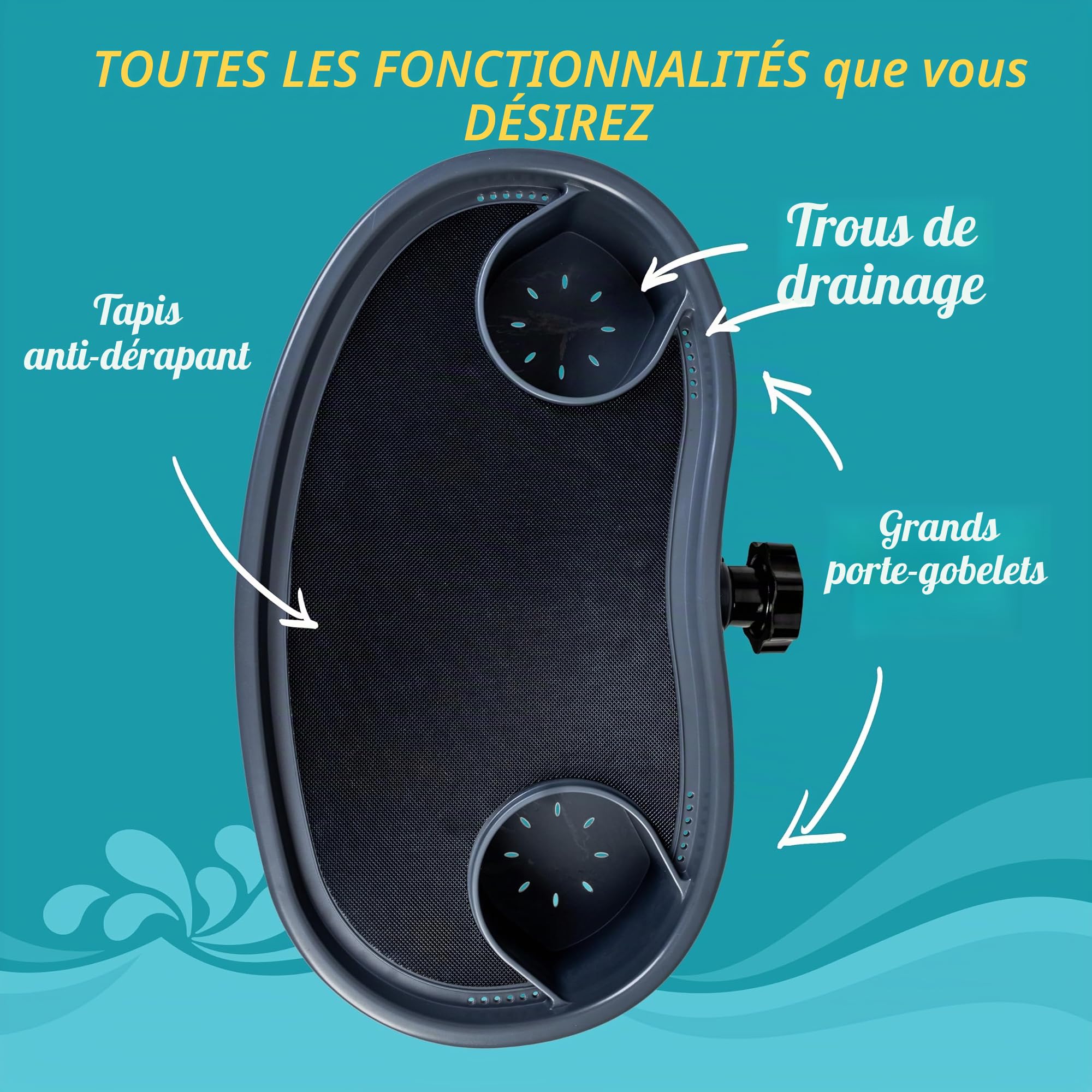 Star Splash Plateau Réglable pour Jacuzzi - Table d'Appoint Antidérapante & Robuste avec Porte Verres - Se Fixe sur Les Rebords de Baignoire, Bain à Remous Hors Sol & Spa - 43 x 25 x 10 cm