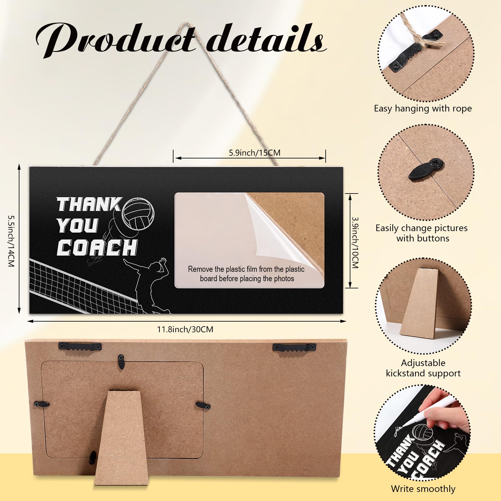 Blosssound Volleyball Thanks Coach Gifts Sports Picture Frame with Pen Thanks Coach Frame 4 x 6 Inch Photo Gifts Wood Picture Decoration for Coaches Appreciation(1)