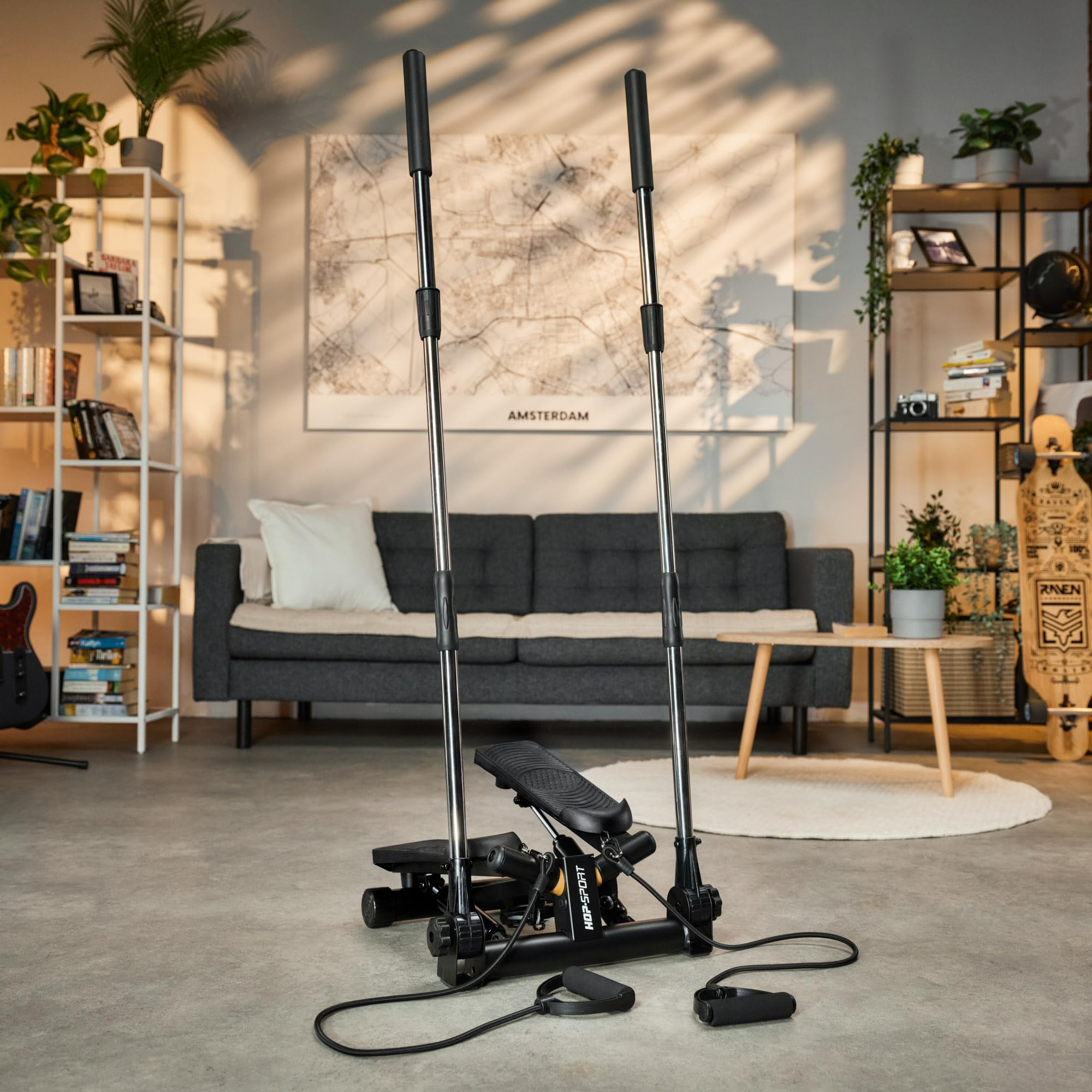 Hop-Sport Swing Stepper HS-050S Norg, Up-Down-Side-Stepper für Zuhause mit Haltegriffen, Expander & LCD-Display, Ganzkörpertraining mit einem Sportgerät