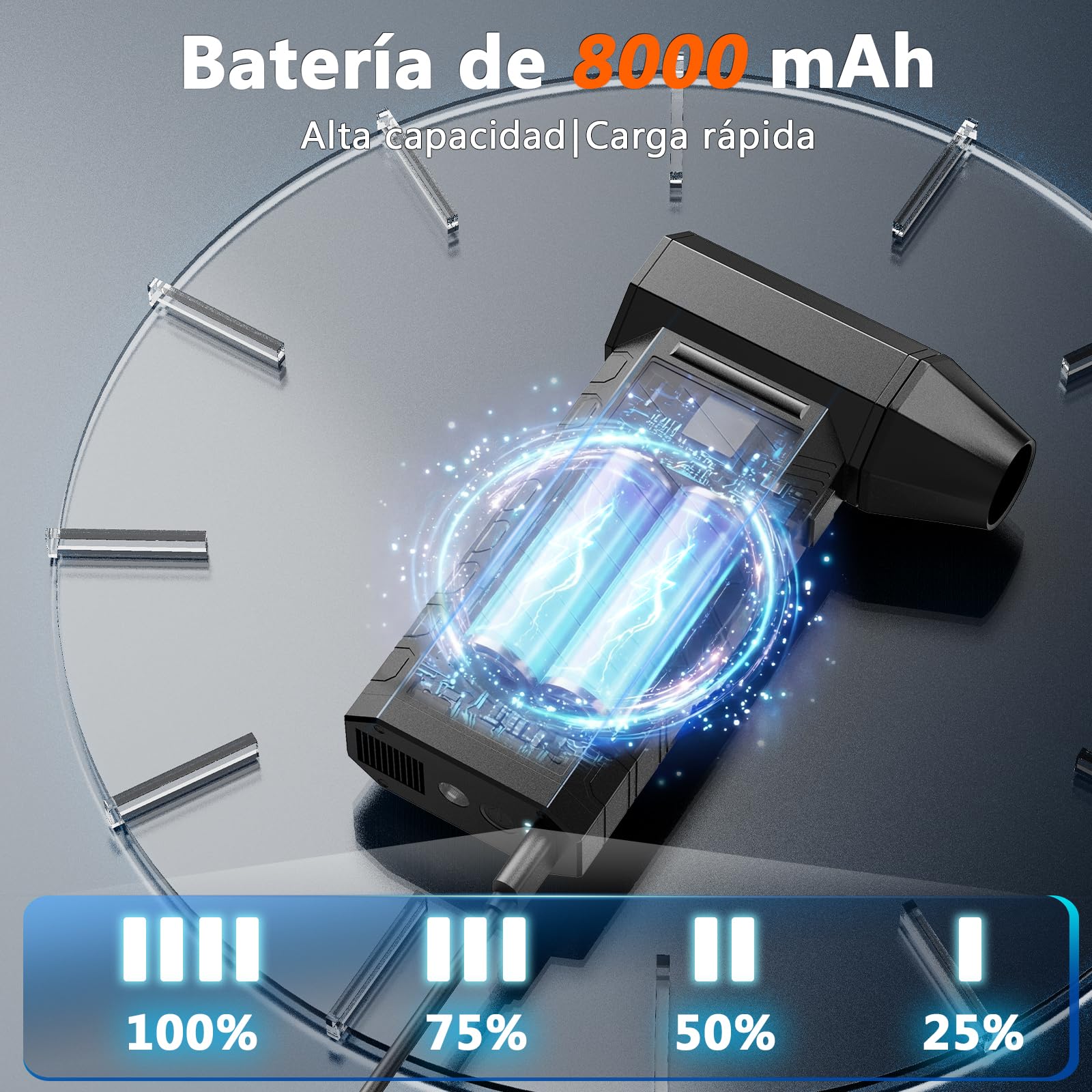 Preciva Soplador de Aire Potente, Aire Comprimido Limpieza y Aspirador 2 en 1, Pistola Aire con Bateria 8000 mAh, 180000 RPM, Mini Sopladora Ajustable para PC, Teclado y Coche