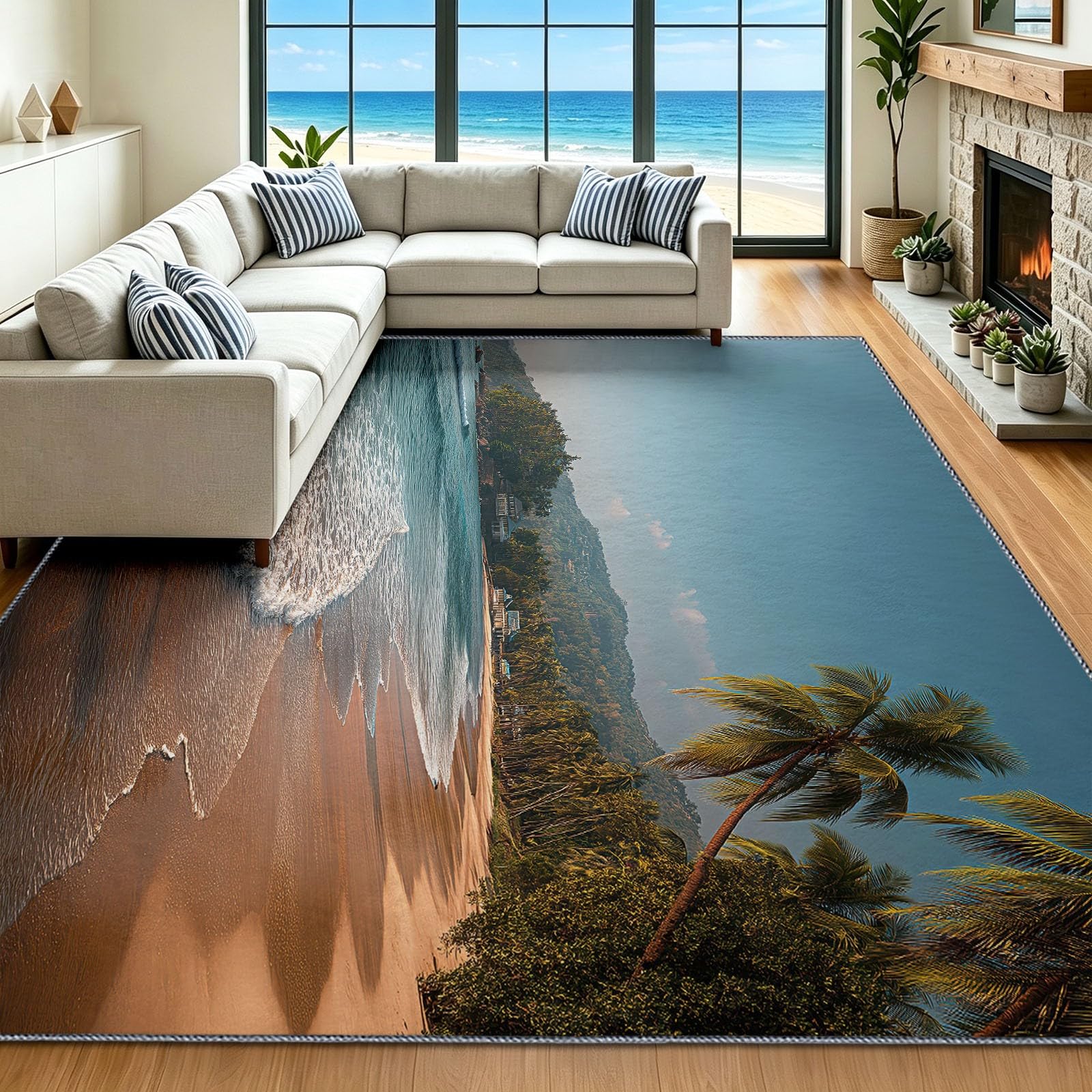 Tapis d'entrée bleu 90x150 cm lavable et antidérapant à motif paysage de plage