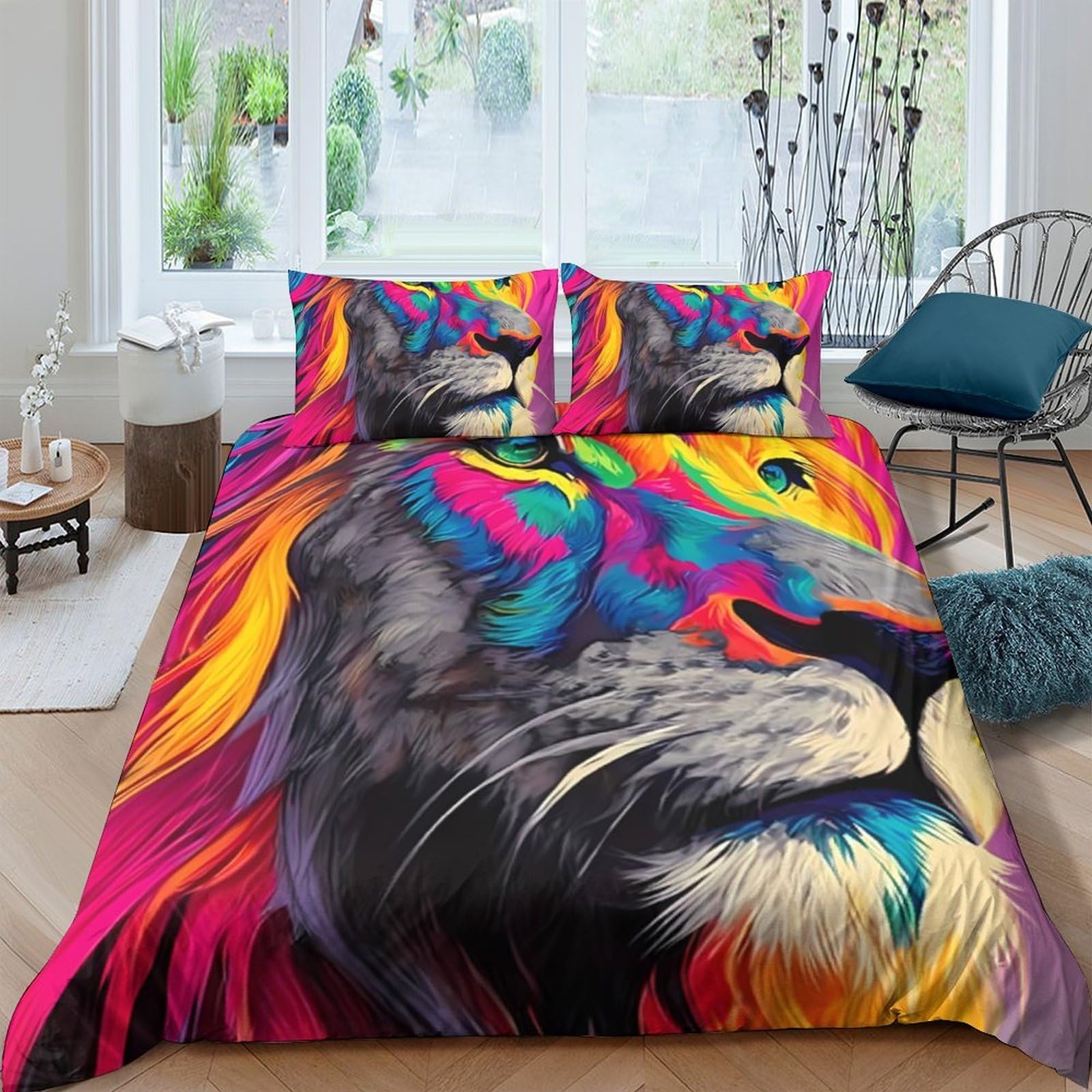 3D Printed Colourful Lion Duvet Cover Set Microfiber Soft Breathable Wild Animal Bedding Set with 2 Pillowcases for Bedroom Single（135x200cm）