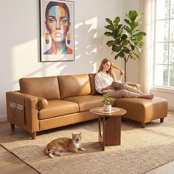 Vesgantti 100" L-Shaped Faux Leather Modular Sectional Couch, Camel Tan