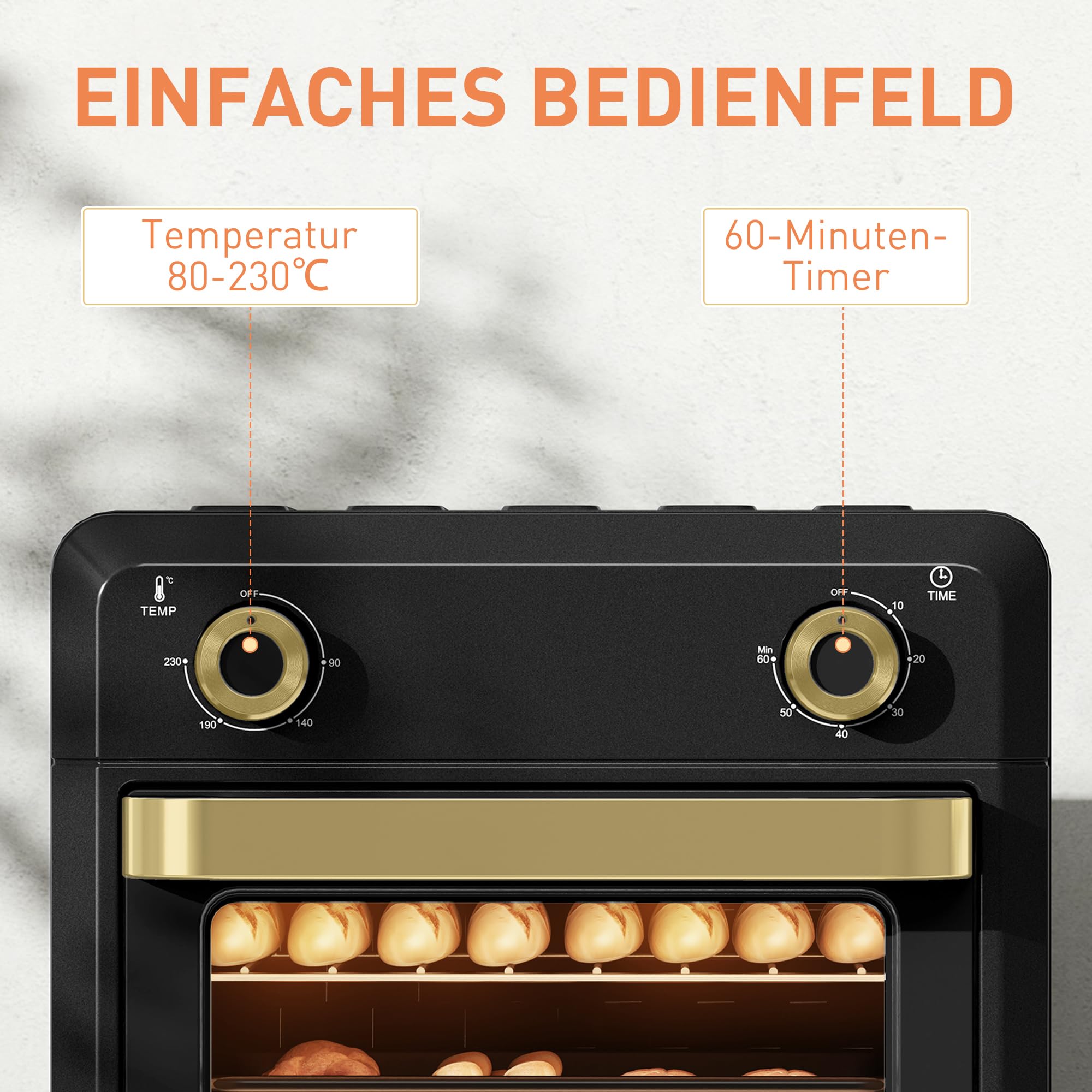 HOMCOM Mini-four à chaleur tournante, 10L friteuse à chaleur tournante, Petit four avec minuterie 60 min et éclairage intérieur, 80-230℃, 3 niveaux de chargement, accessoires résistant au