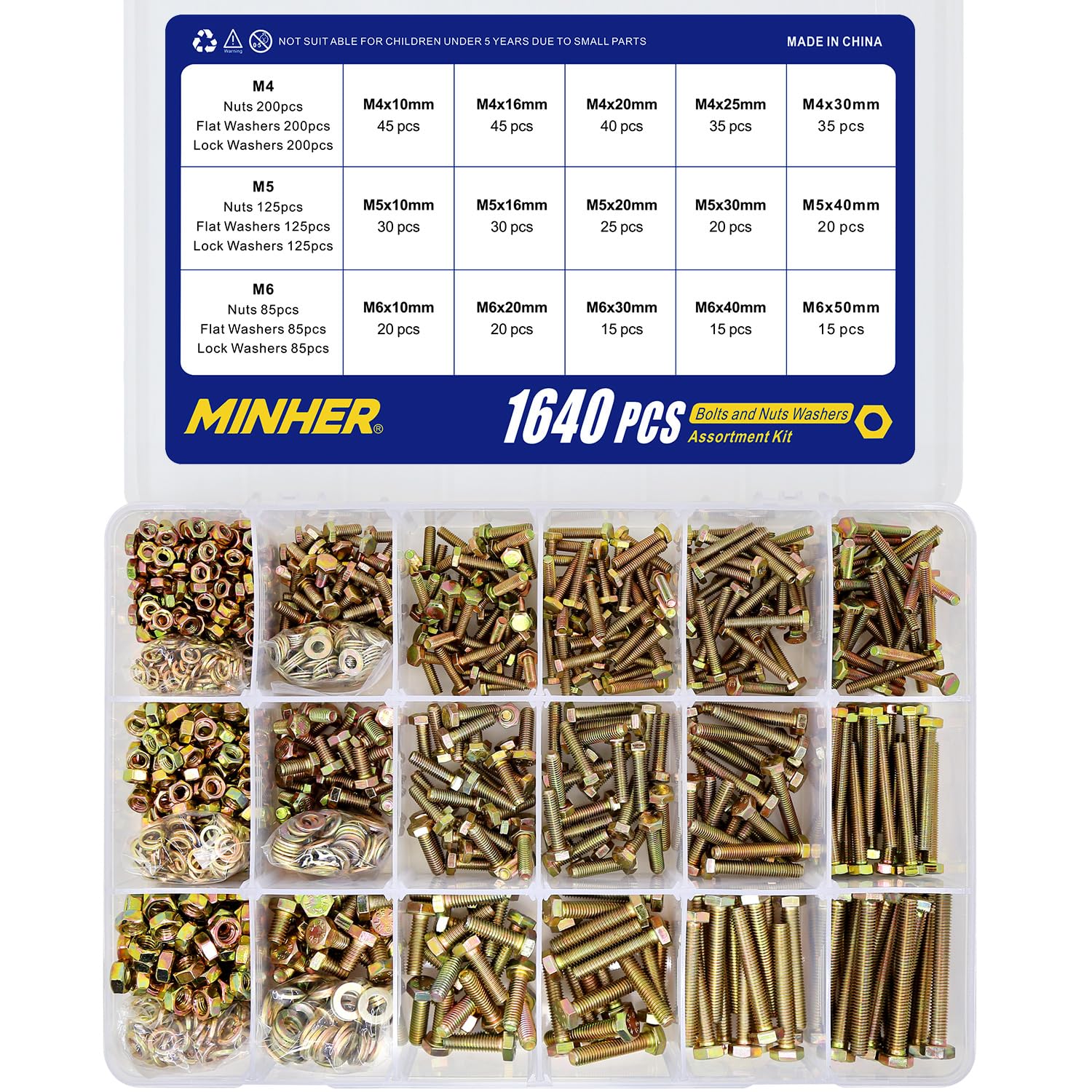 MINHER 1640 Pcs M4 M5 M6 Bullone Esagonale Bulloni e Dadi Rondelle piane e rondelle elastiche set in Acciaio legato di grado 8.8