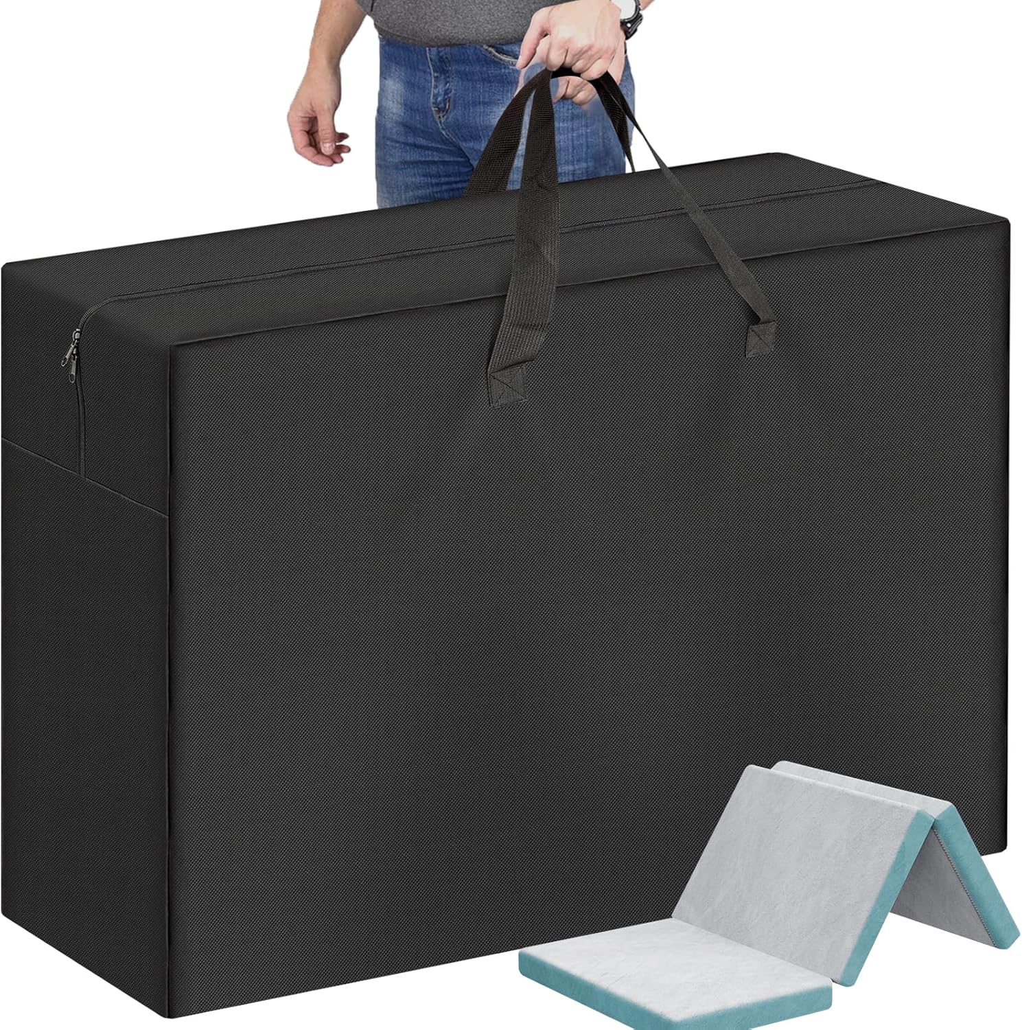 Foldable Mattress Storage Bag, 39.7" X27.5" X13" Portable Waterproof Carry Case for Trifold Memory Foam Twin&XL Twin Folding Mattress, 600D Oxford Heavy Duty Camping Bag, Black