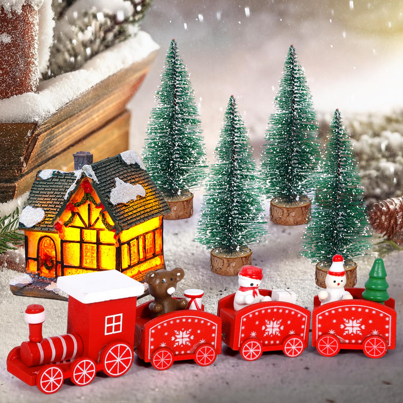 XUNIVERS Tren Navidad Madera,Tren Navidad Madera,Tren de Navidad,casa de Navidad,Mini Tren de Madera,decoración de Navidad,Adorno de Navidad,para Decoración Regalos Navideños Mesa Escaparate