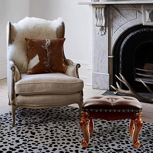 Miniatura 4 de Taburete de cuero pequeño, reposapiés de cuero otomano vintage, reposapiés de madera, reposapiés tapizado para sofá, sala de estar, sofá, cereza