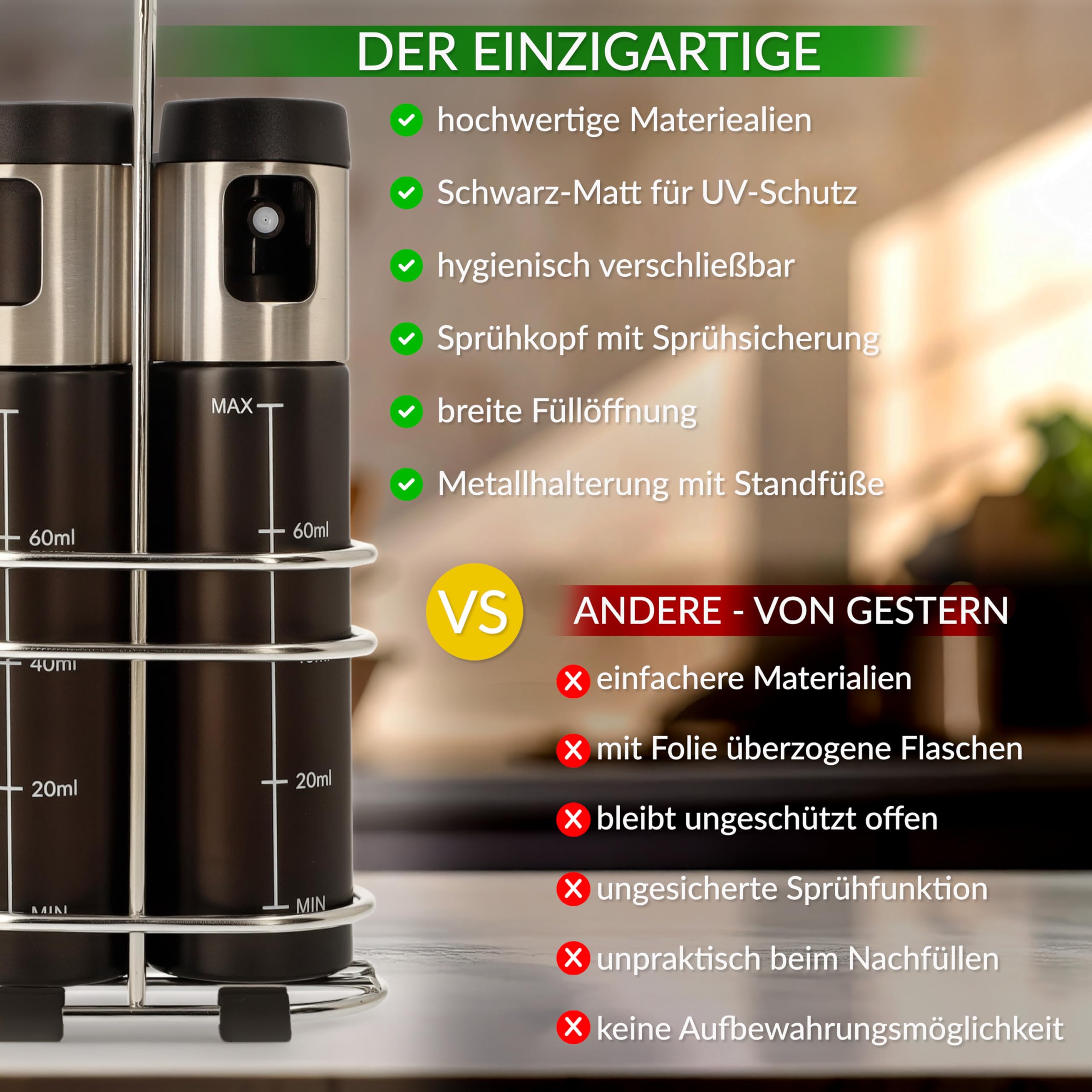 𝑷𝒓𝒆𝒎𝒊𝒖𝒎: Ölsprüher im 2er Set | hygienisch verschließbar, plus UV-Schutz, Öl Sprühflasche, Vielseitiger Oil-Sprayer - Edelstahl Sprühkopf – BPA-frei zum Kochen für die Küche