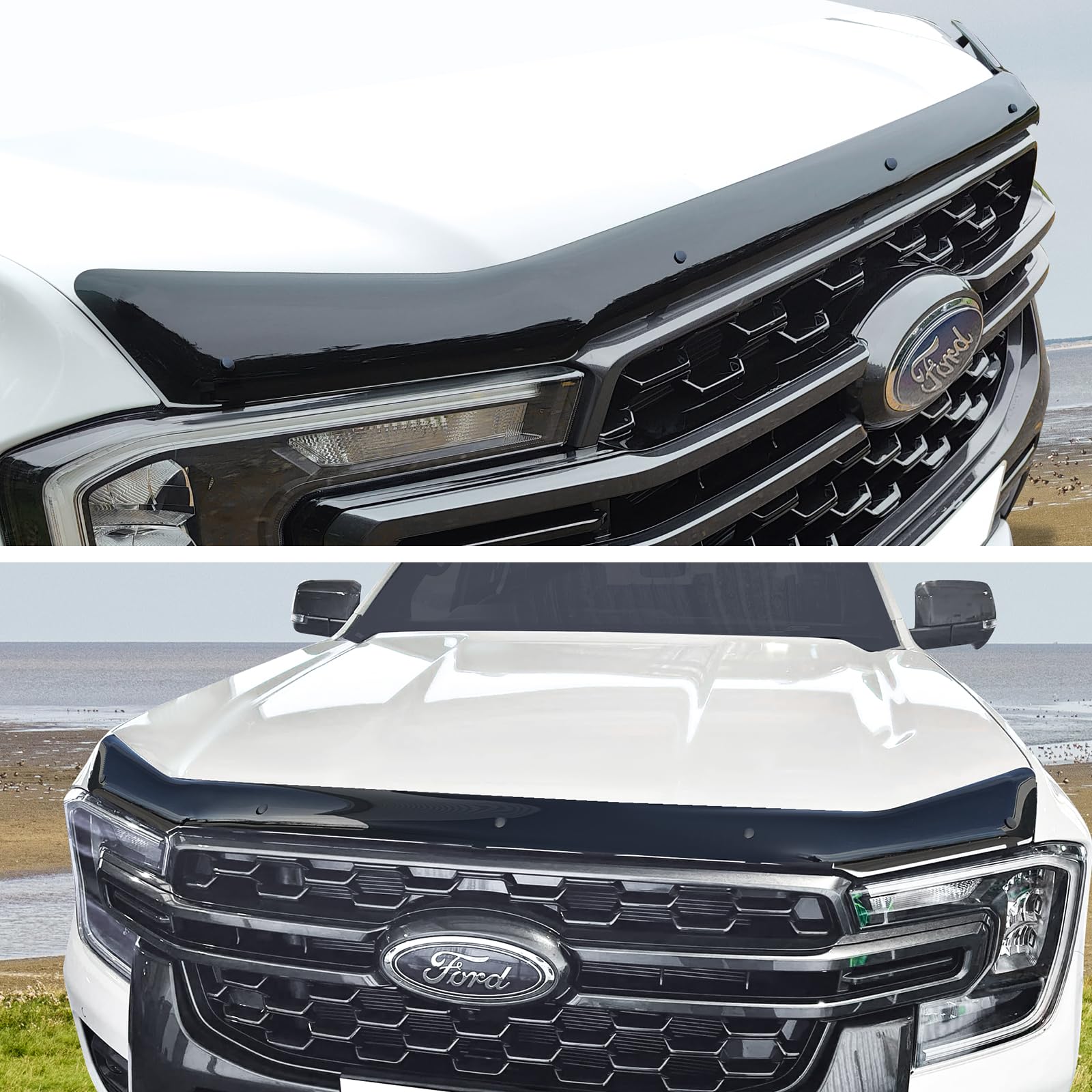 Motorhauben-Deflektor Insektenschutz für 2023–2026 T9 Ford Ranger Wildtrak, Raptor, XL, XLT, Limited, Tremor, Wildtrak X, Platinum, PMMA Acryl, UV-beständig, wetterfest, glänzend schwarz