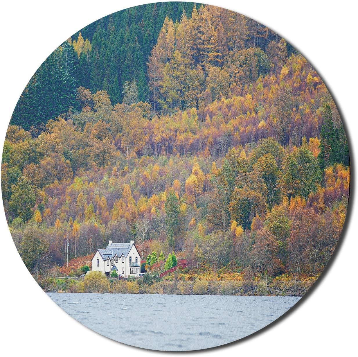 Ambesonne Scotland Mouse Pad for Computers, Image of Loch Lomond in Autumn Highlands Outdoor Scene House on The Coast Side, Round Non-Slip Thick Rubber Modern Gaming Mousepad, 8 Round, Multicolor