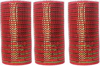 3 Rolls Red Deco Mesh Ribbon, 6 Inch x 30FT Per Roll Deluxe Red and Green Metallic Foil Burlap Deco Mesh Fabric for Christmas Tree Thanksgiving Wedding Wreath Swags Bow Making DIY Craft