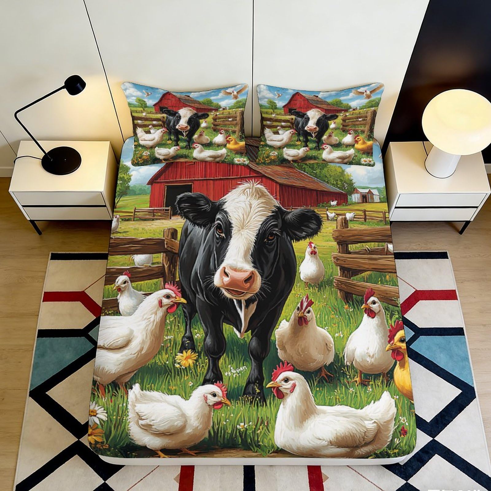 3D Printed Farm Cow Fitted Sheet Microfiber Soft Barn Chicken Bed Cover for Bedroom Guest Room Mattress Decor 90x200x25cm