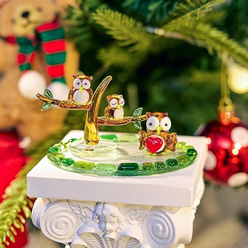 Miniatura 2 de H&D HYALINE & DORA Figura de cristal soplado de búho, figura de pájaro en miniatura con base redonda, figura de animal de vidrio hecha a mano,