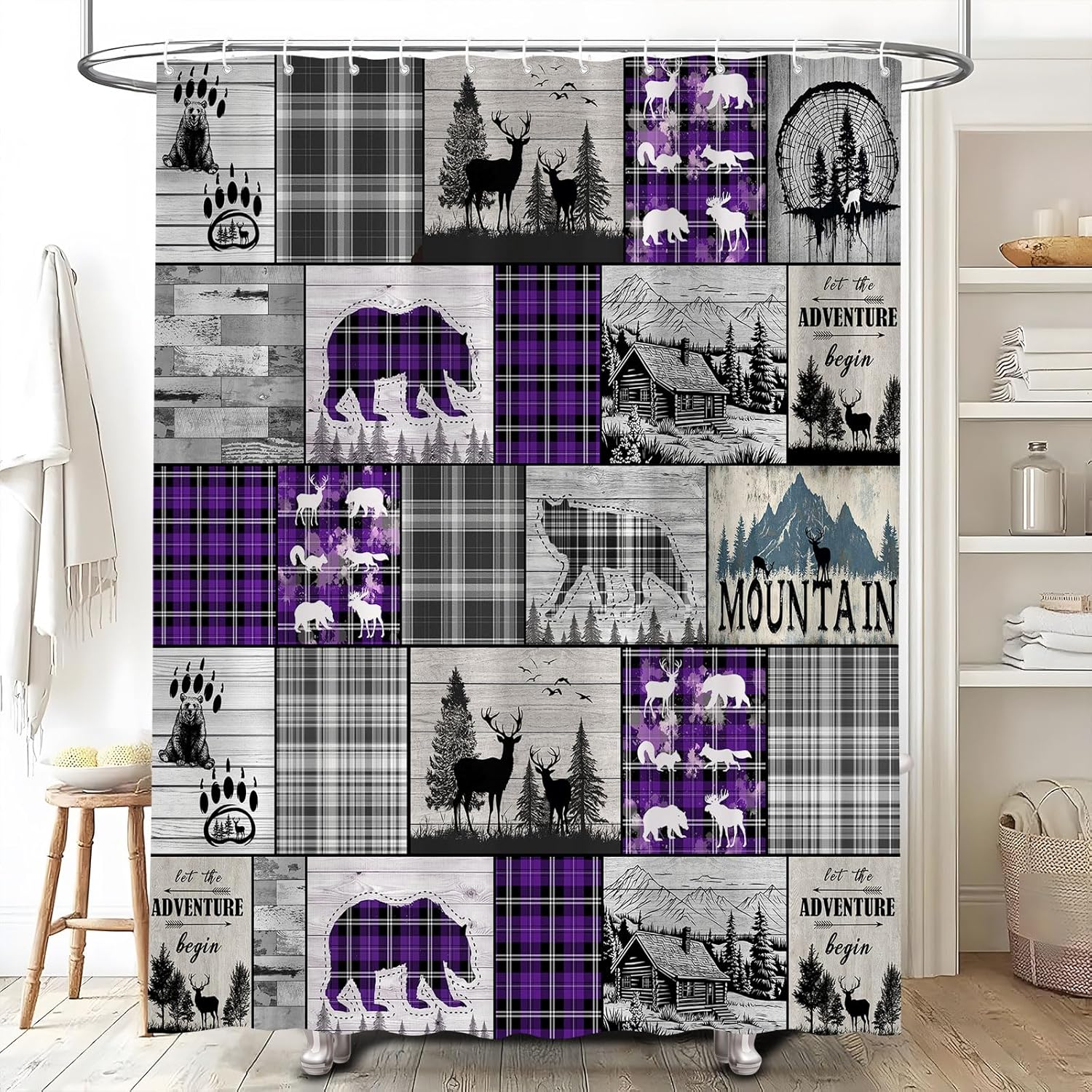 Rustic Cabin Shower Curtain Bear Deer Wolf Country Lodge Forest Wild Animal Purple Black Buffalo Plaid Hunting Adventure Camping Farmhouse Vintage Bathroom Decor Accessories Set with Hook 70Wx90H Inch