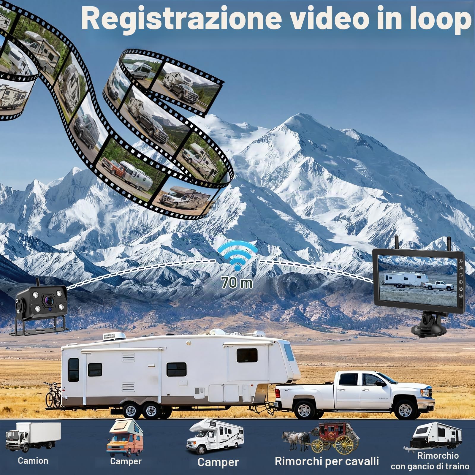 Telecamera Posteriore Senza Fili per Auto con Monitor da 7 Pollici, Visione Notturna 1080P, Impermeabile IP69, Segnali Digitali Stabili, Grandangolare 170° per Camper, Camion, Roulotte(VE-7B)