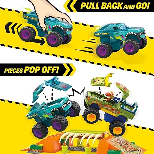 Miniatura 3 de Mega Hot Wheels Monster Trucks - Juguete de construcción, Smash & Crash Wrex Boneyard Stunt Course con 332 piezas, 2 figuras y 2 rampas, niños a