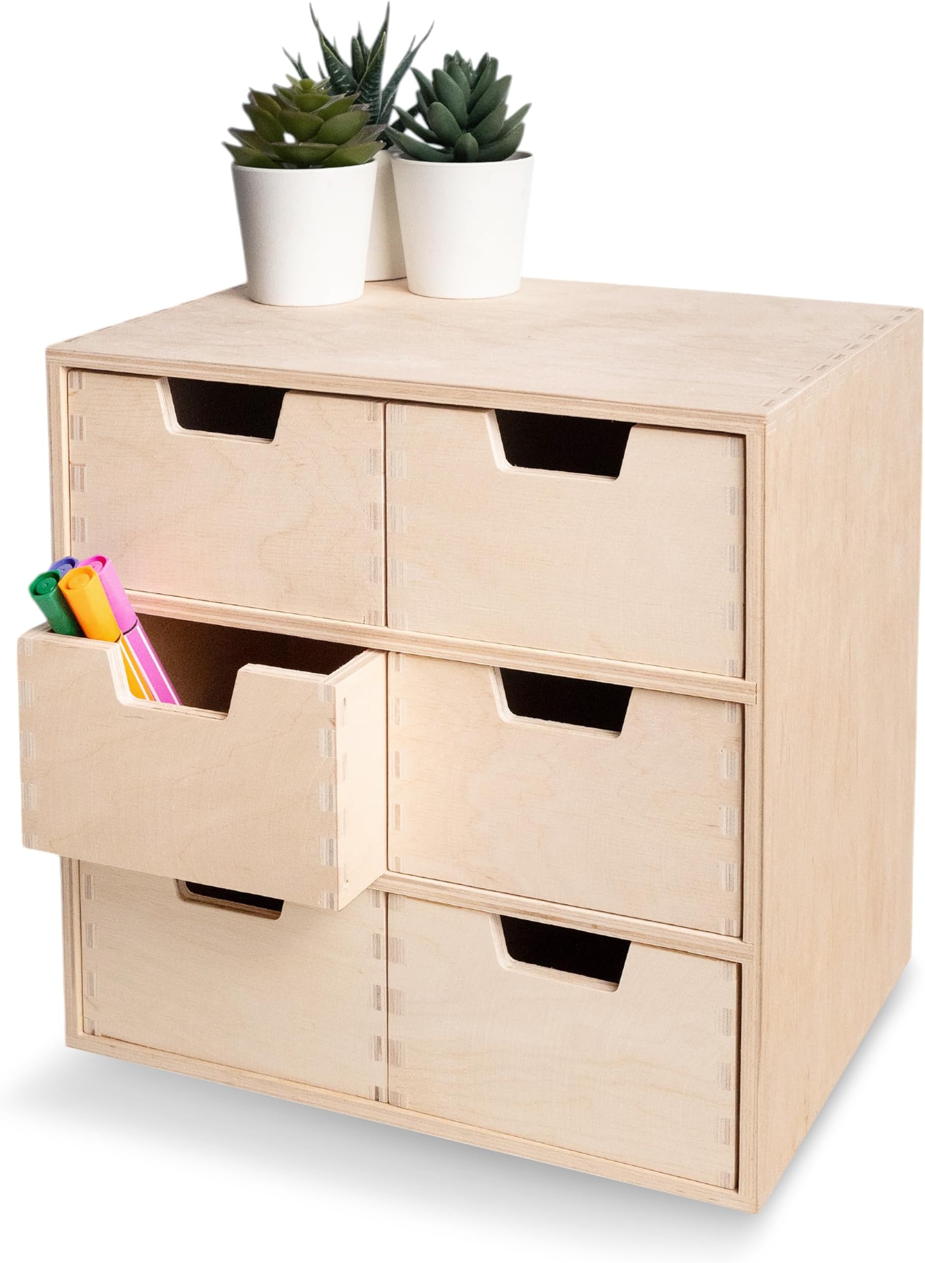 Creative Deco Mini Wooden Chest of Drawers | 28.5x20x28.5cm | 6 Compartments | Organiser for Paper Work Documents | Plain Stationary Organiser for Office Accessories | Large Storage Box with Drawer