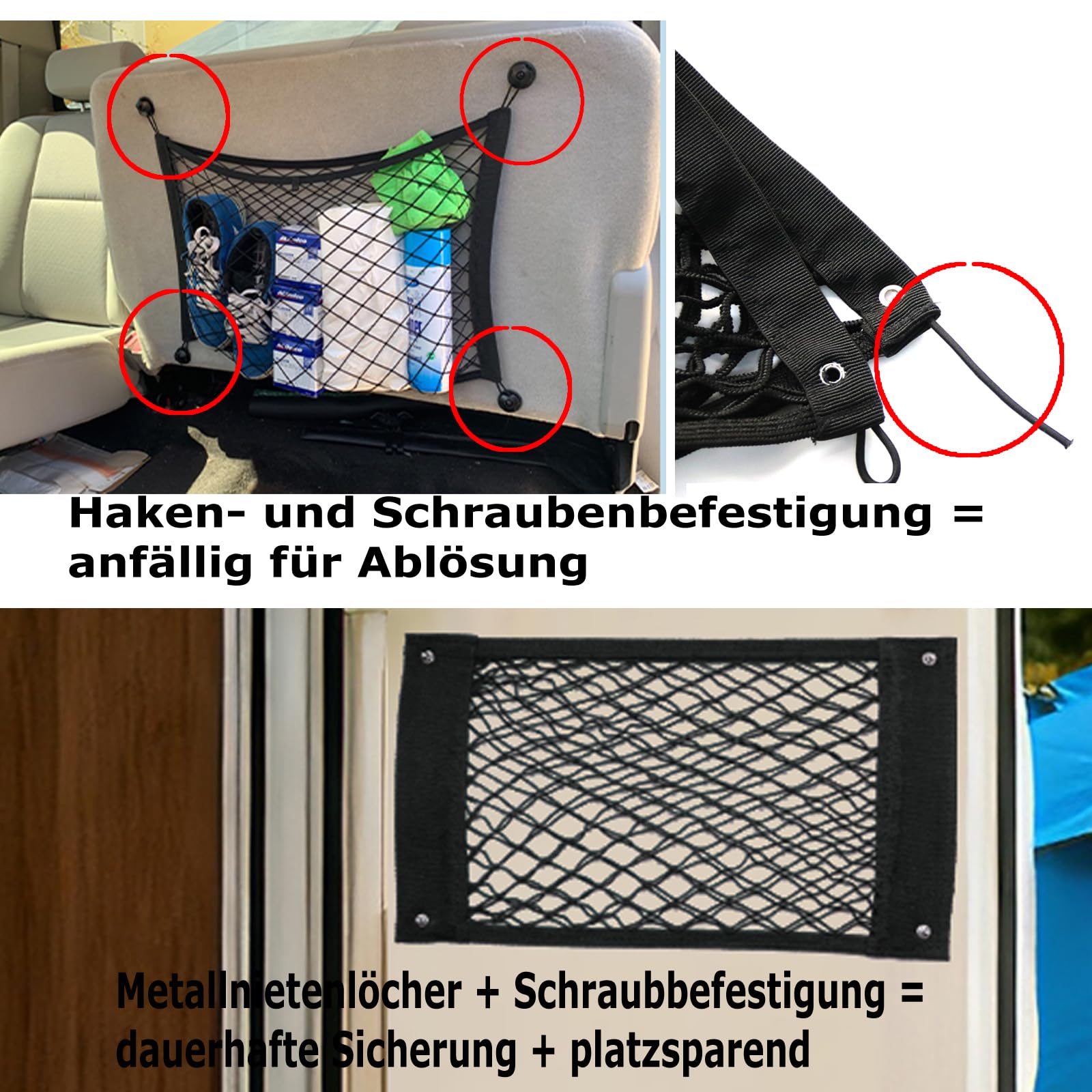 Camper Van Cargo Net – Kofferraum Taschen Auto Klett mit 6 Montagearten & Metallösen – Gepäcknetz zum Schrauben für SUV, Wohnmobil, Limousine & Kombi – 2er Set (55x25cm)