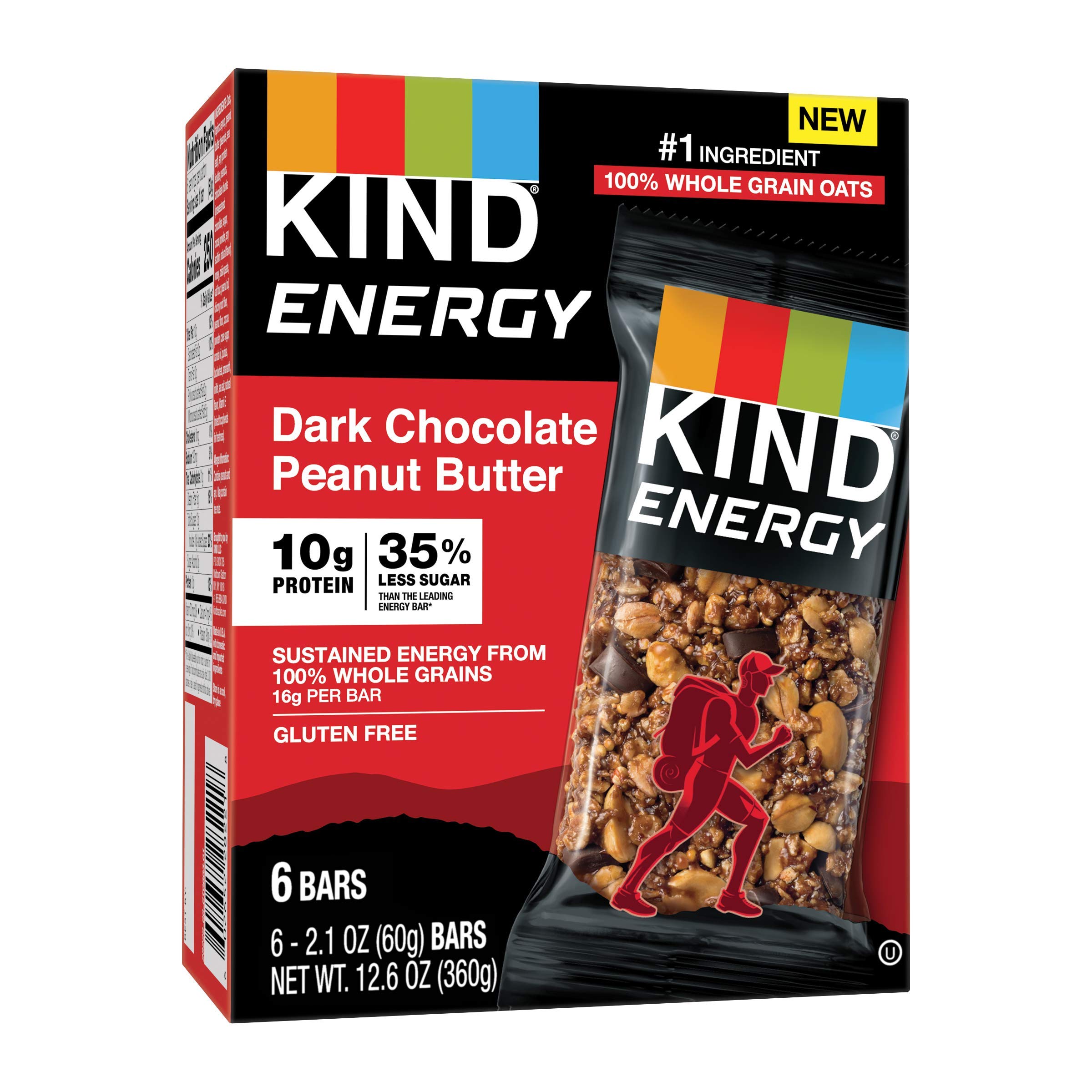 KIND Energy Bar, Dark Chocolate Peanut Butter, Gluten Free, Low Sugar, 1.76oz, 6 Count( Use By /Oct/31/2024)