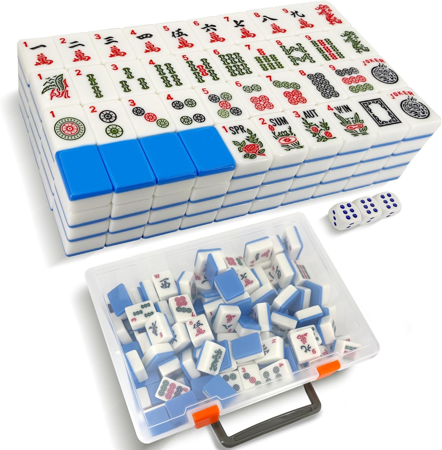 166 American Mahjong Tiles Only with Portable Carrying Storage Box & 3 Dice, 1.2" Mahjong Set for Party, Play with Friends Family (Blue)