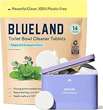 BLUELAND Toilet Bowl Cleaner Tablets, Starter Set, 14 Count with Tin, Peppermint Eucalyptus, Plastic-Free, No Harsh Chemicals, Plant-Based
