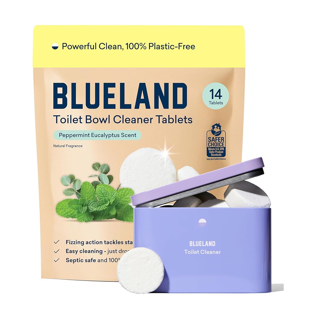 BLUELAND Toilet Bowl Cleaner Tablets, Starter Set, 14 Count with Tin, Peppermint Eucalyptus, Plastic-Free, No Harsh Chemicals, Plant-Based