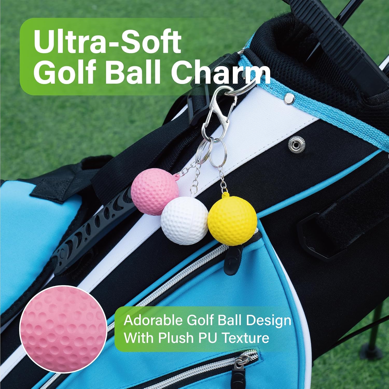 SANDIAN, Soft PU Golf Ball Set, 3 Balls with Carabiner Clip, Bag Charms, Key Chains, White Yellow Pink Pack - Image 4