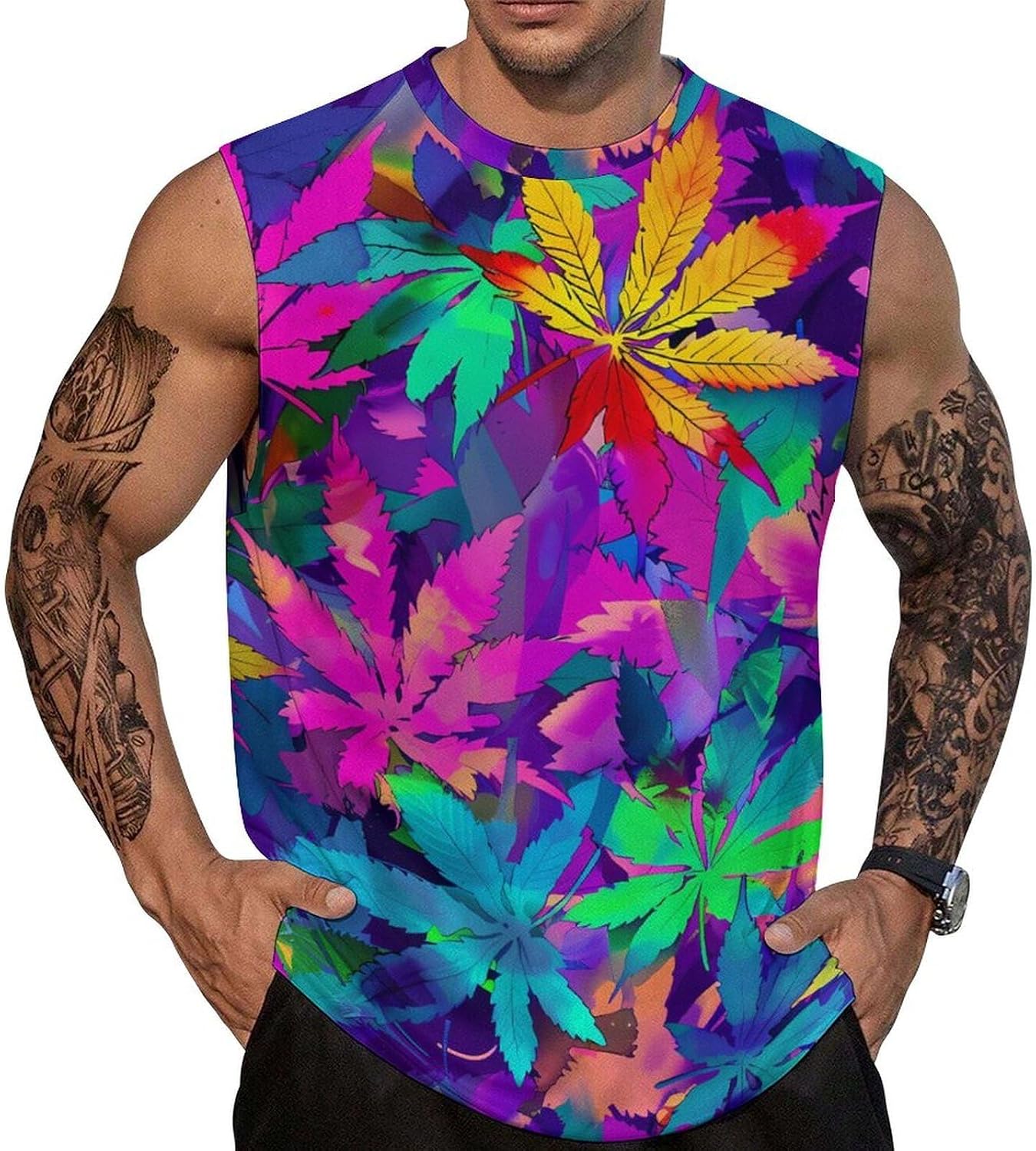 Neon Weed Leaves Men Summer Sleeveless Crew Neck Top 5XL