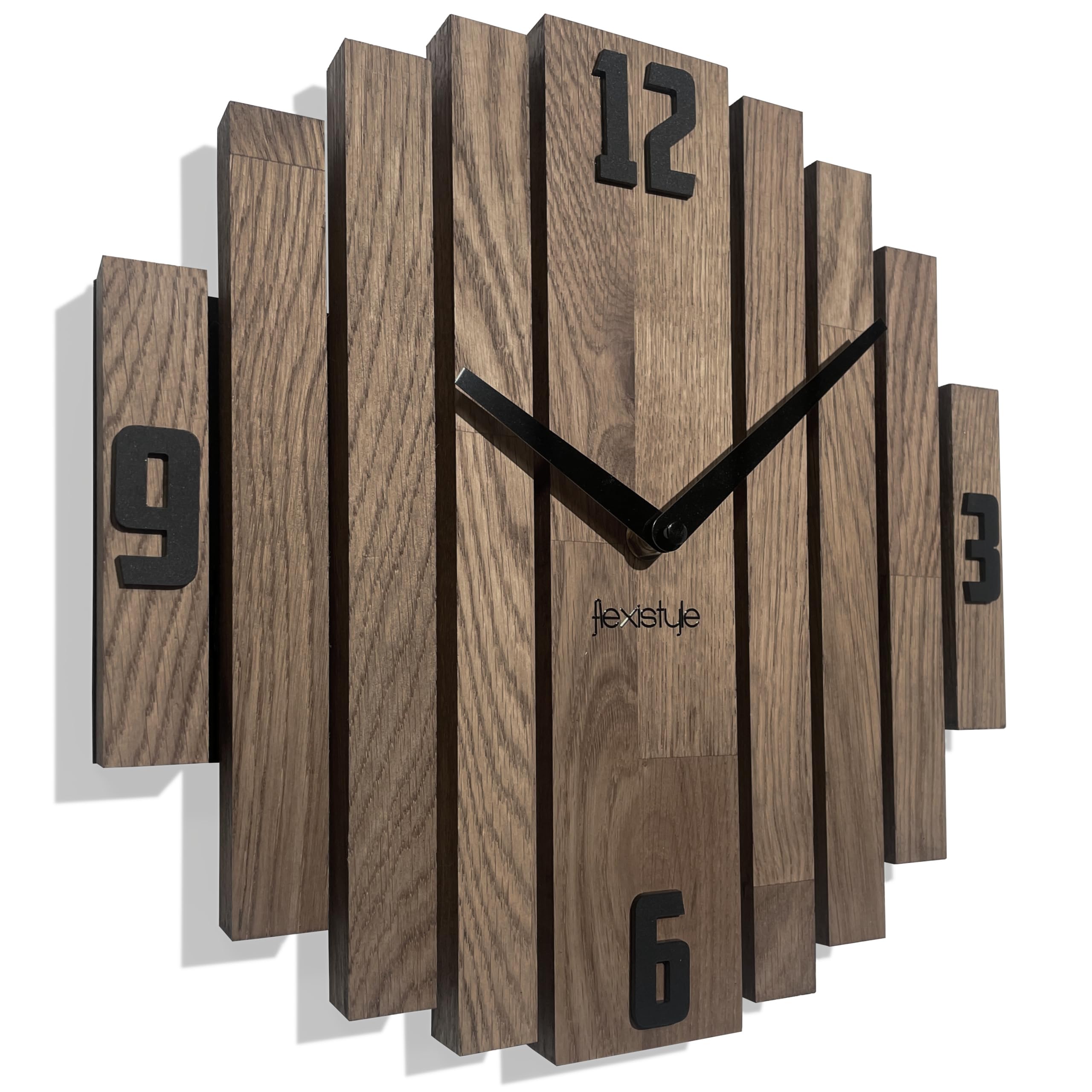 FLEXISTYLE Symmetry Wall Clock Oak Bathroom Living Room Wood Modern Diameter without Ticking Noises Wood Look (Brown, 30 cm)