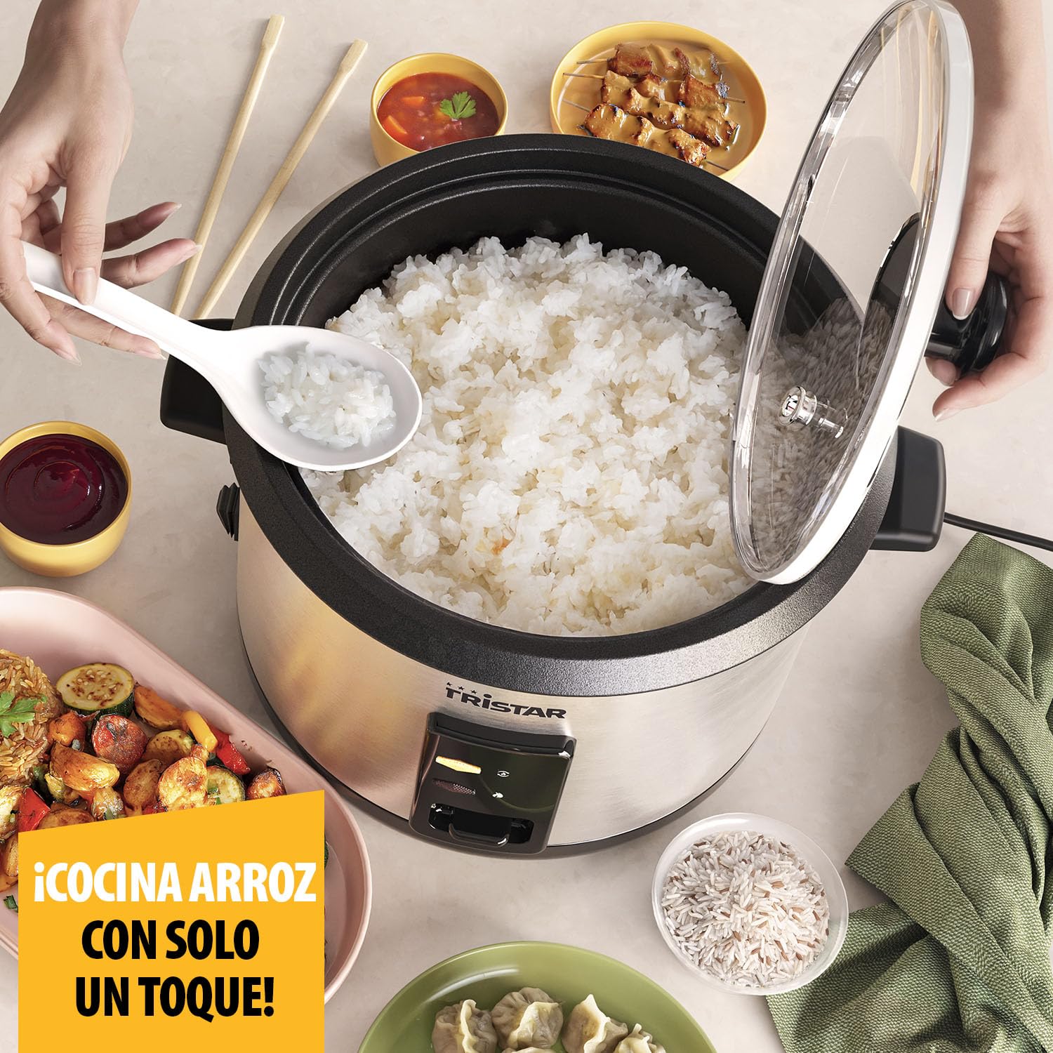 Tristar Olla Arrocera, Capacidad 1,8 L, Cuerpo de Acero Inoxidable con Tapa de Cristal, Recipiente Antiadherente, Apagado Automático y Función Mantener Caliente, 700 W, RK-6148
