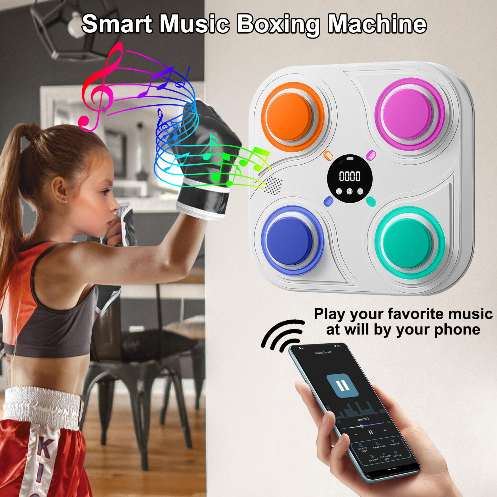 Máquina de Boxeo Musical, Máquina de Boxeo con Guantes y Luces LED, Máquina de Boxeo Musical Inteligente de 4 Modos, Máquina de Boxeo Montada en la Pared para Niños, Adultos