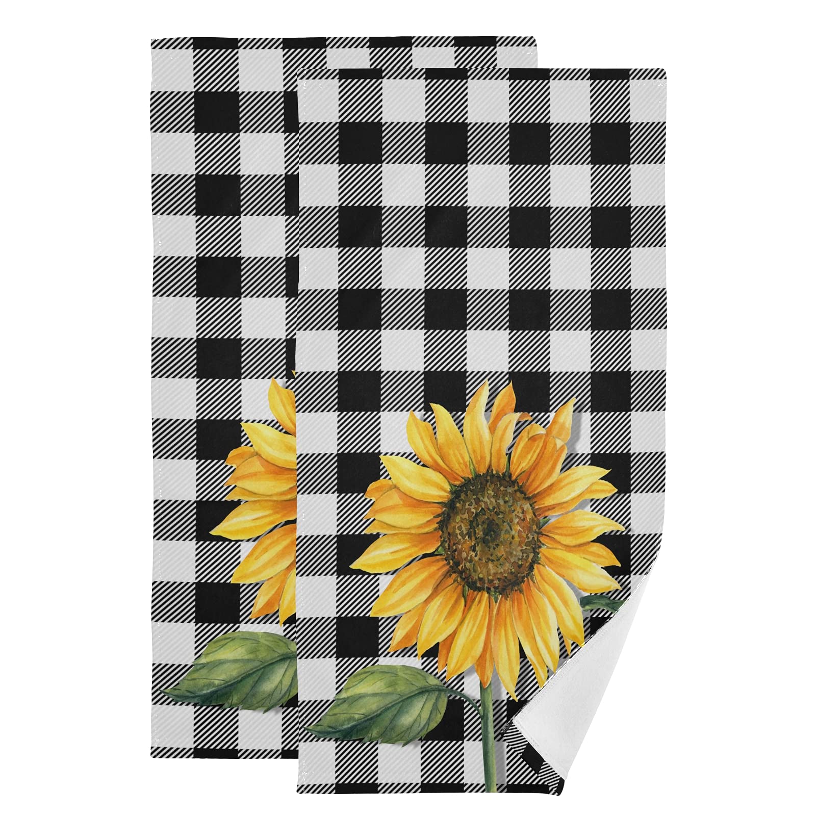 ALAZA Sunflower Kitchen Towels Black Plaid Sunflower Buffalo Dish Towels Set 2 Bathroom Towels Bath Towels Absorbent Soft Hand Towel Guest Towel Quick Drying Buffalo Plaid Kitchen Decor